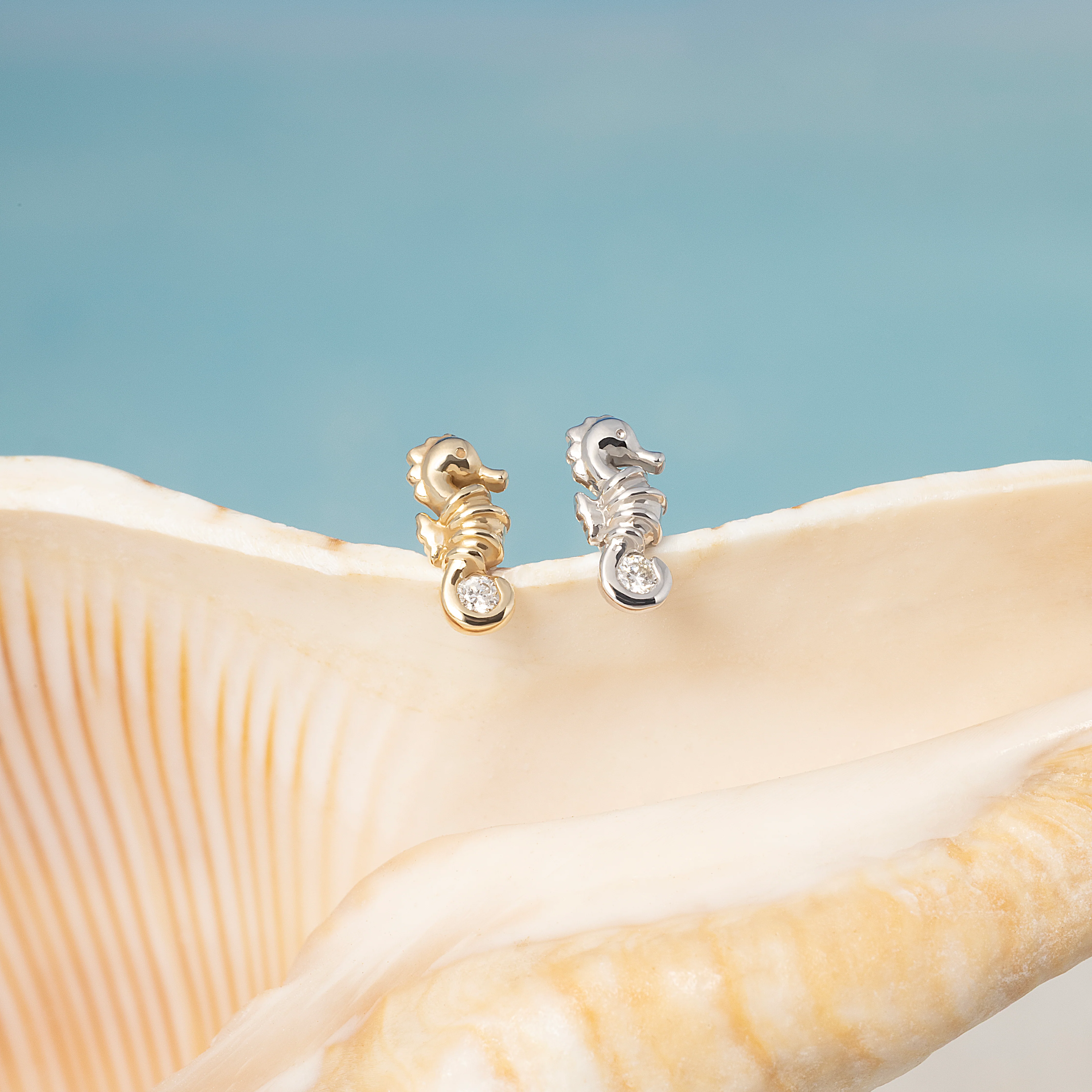 14K Solid Gold Seahorse Diamond Flatback Earring