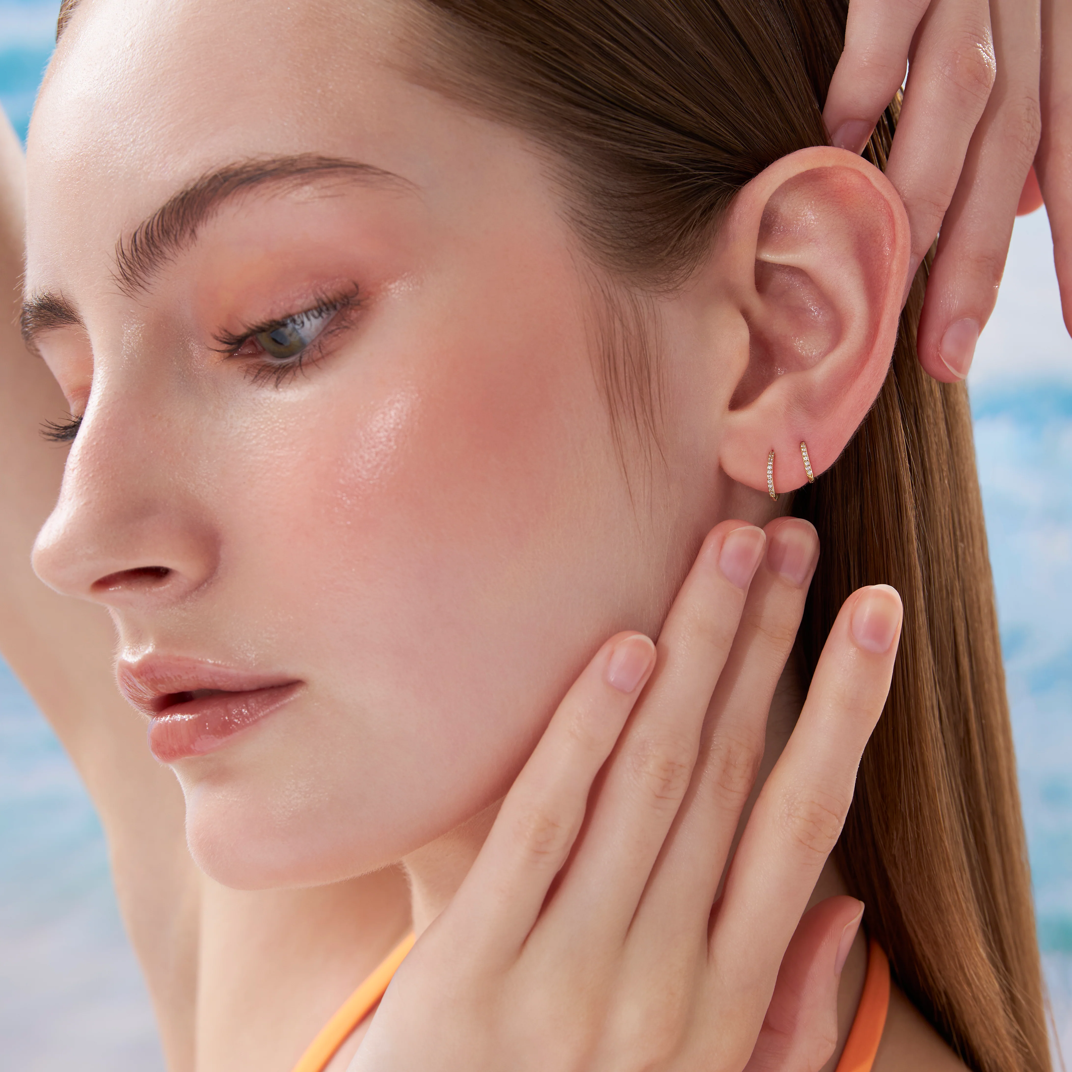 14K Solid Gold Eternity Hoop Earring 8mm