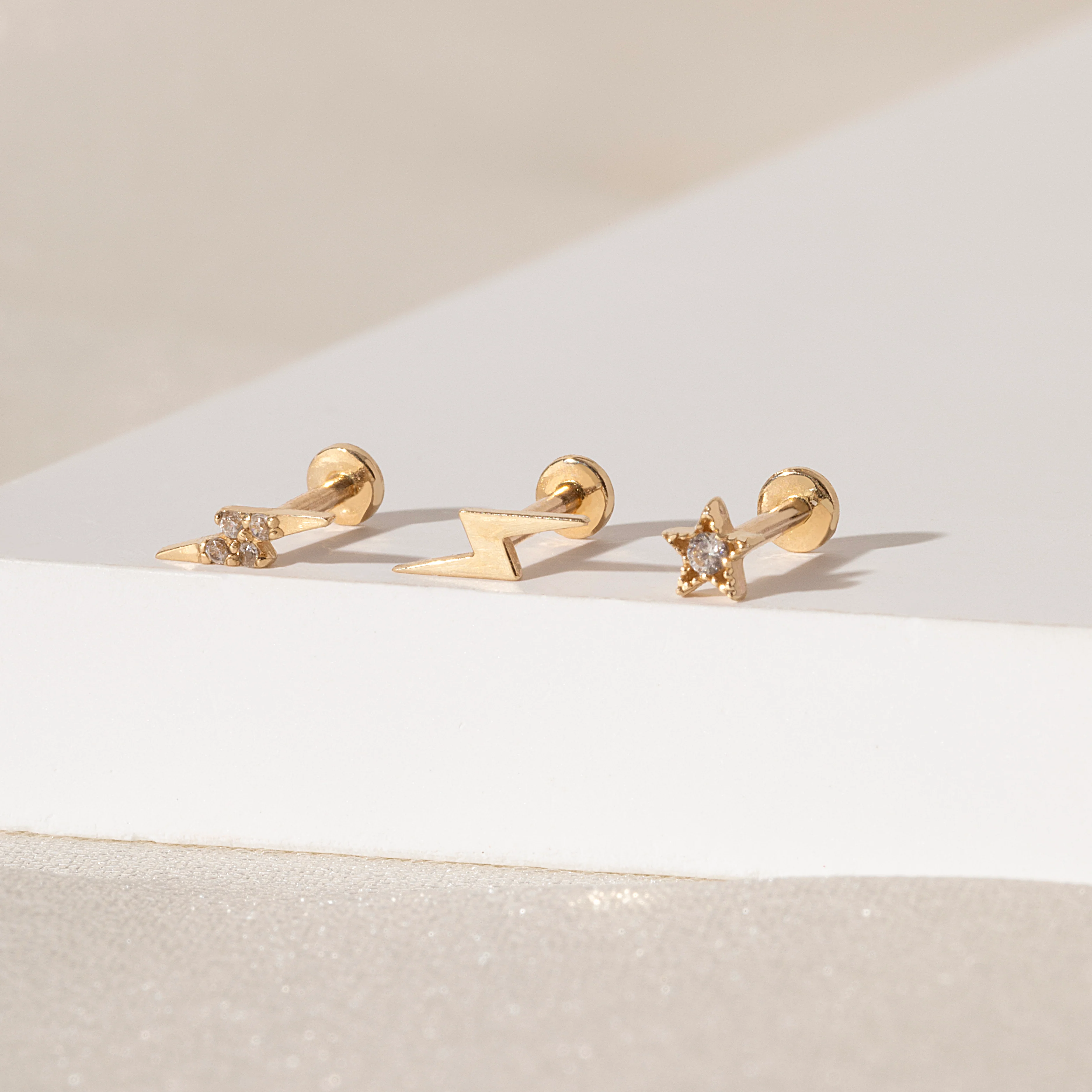 14K Solid Gold Jewel Baby Star Flatback Earring