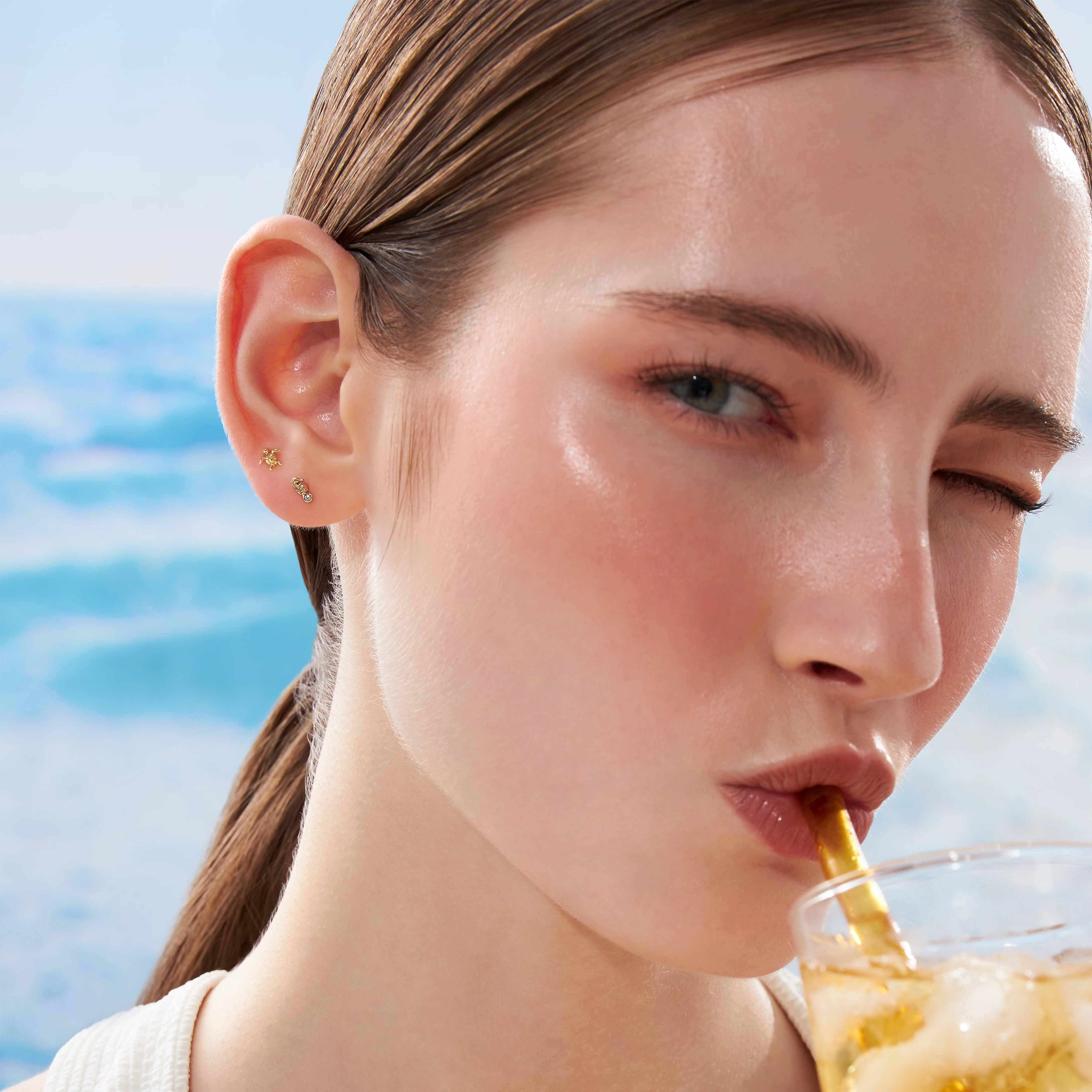 14K Solid Gold Seahorse Diamond Flatback Earring