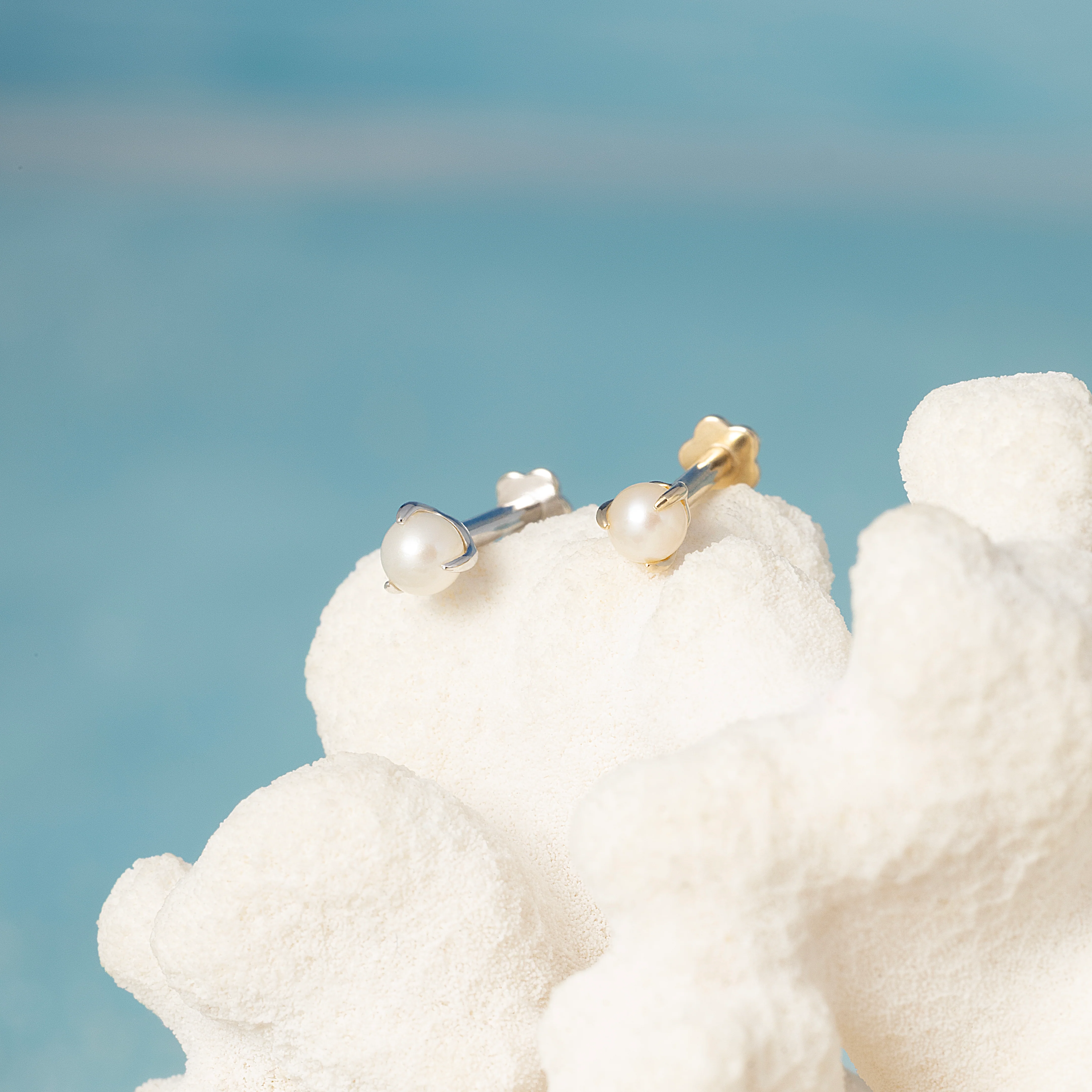 14K Solid Gold Genuine Little Pearl Flatback Earring