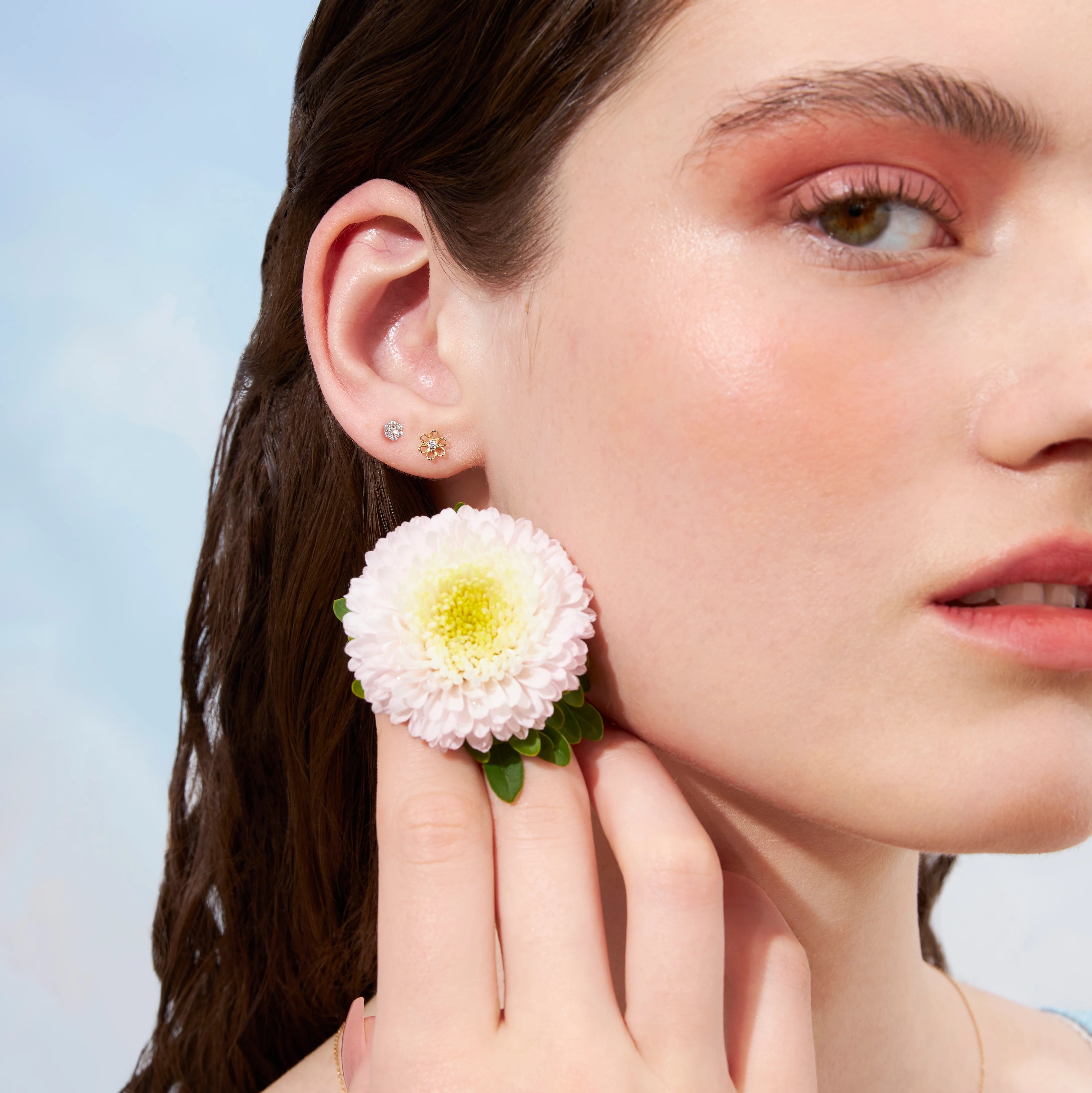 14K Solid Gold Mini Honeycomb Flatback Earring