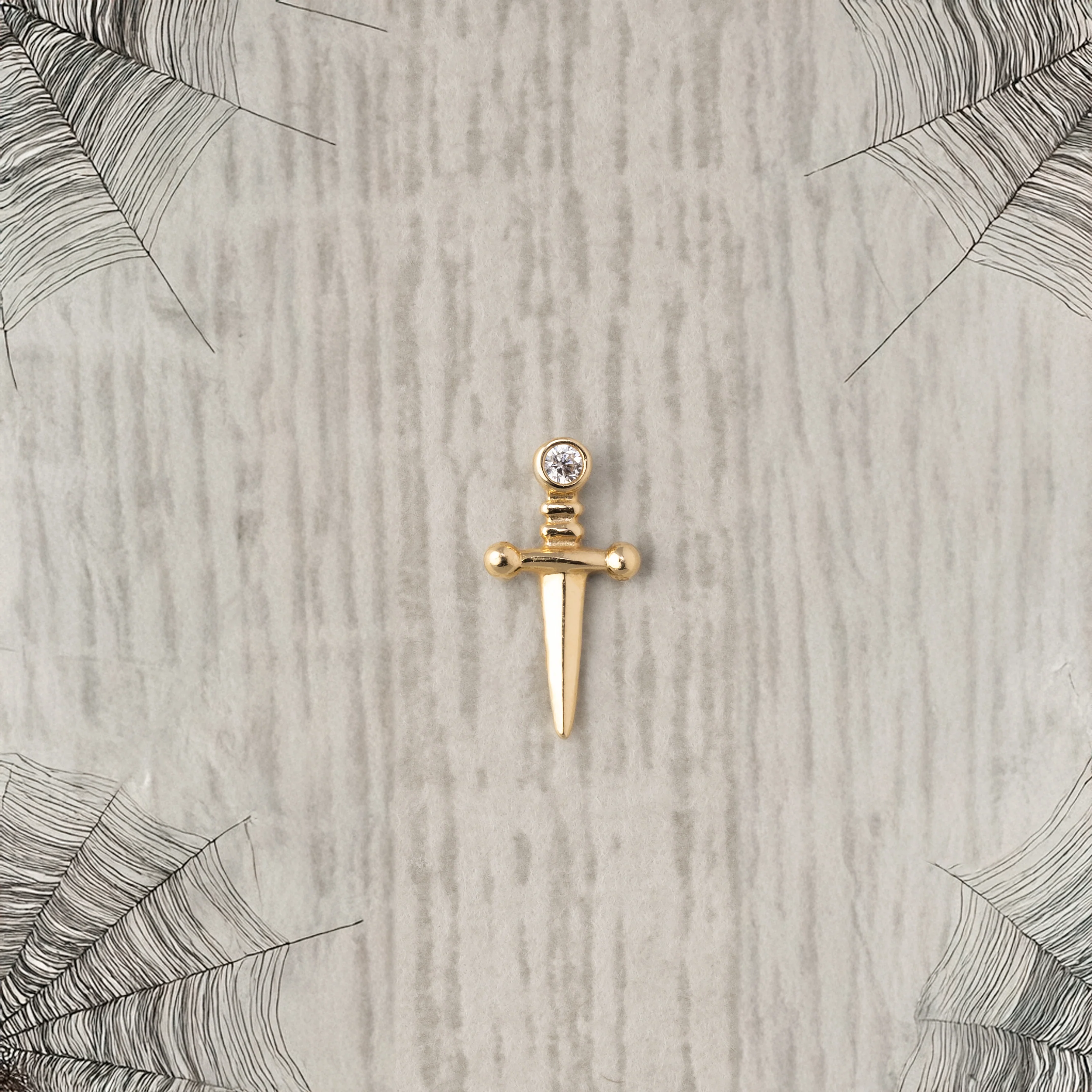 14K Solid Gold Sword CZ Flatback Earring