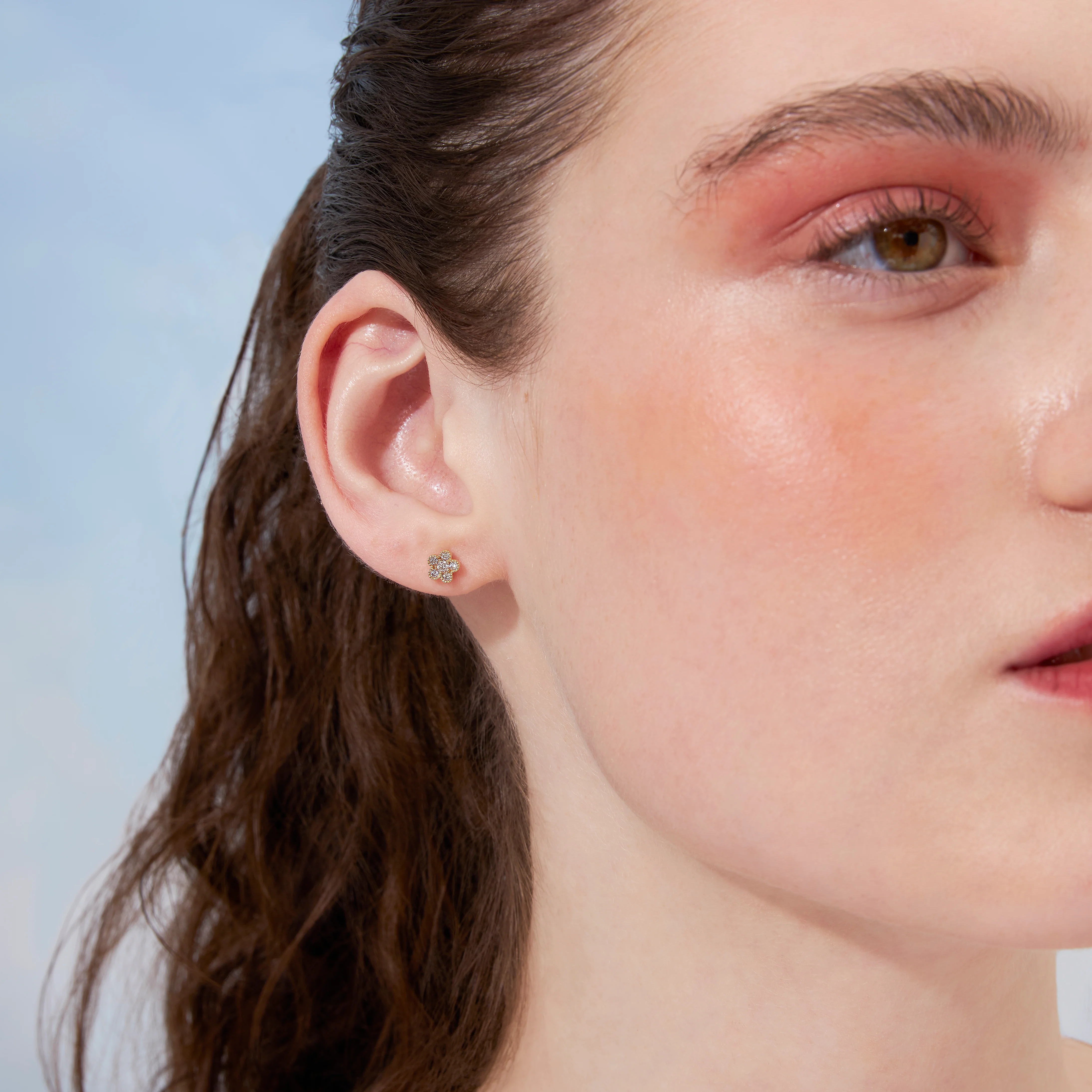 14K Solid Gold Plum Blossom Flower Flatback Earring