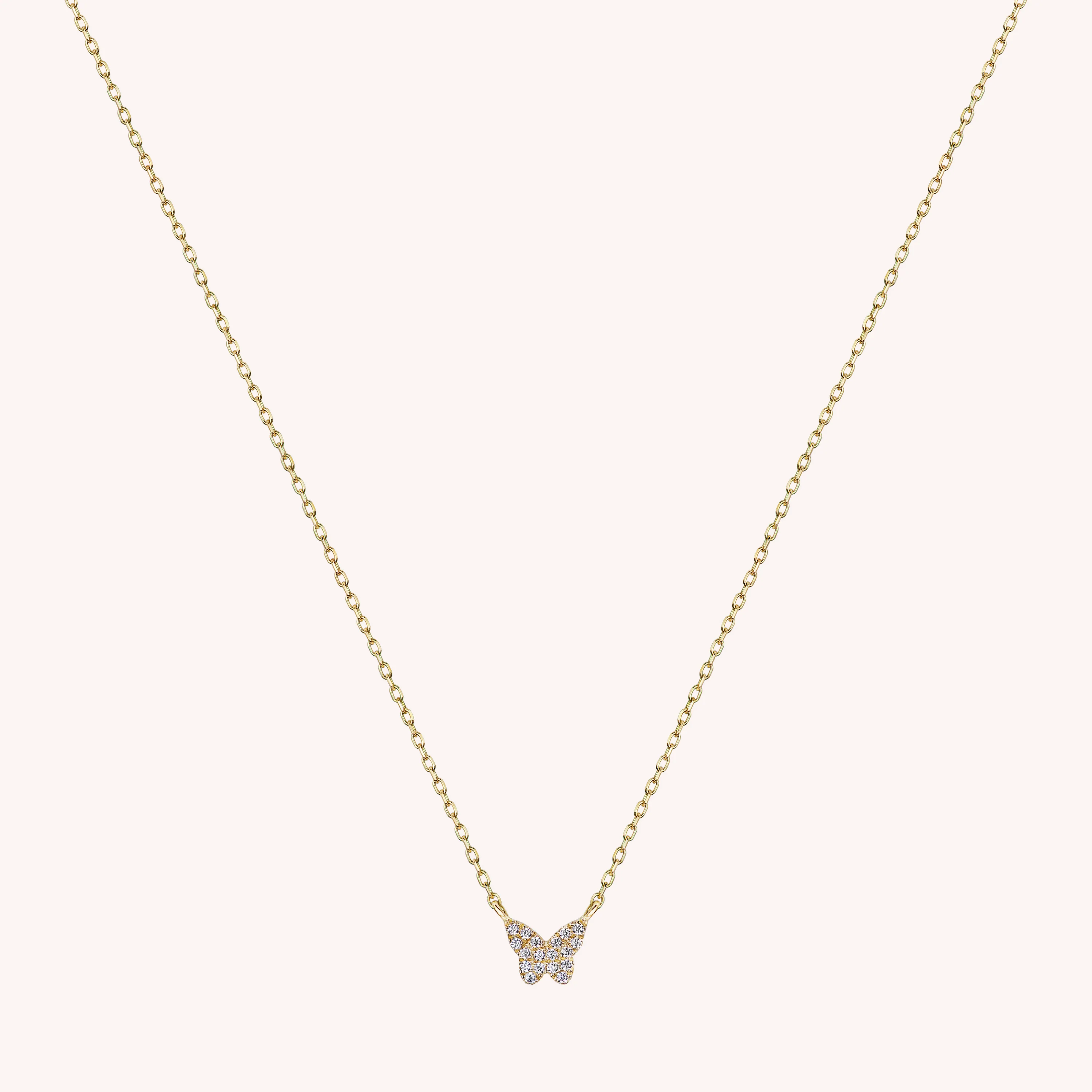 14K Solid Gold Mini Pavé Diamond Butterfly Necklace