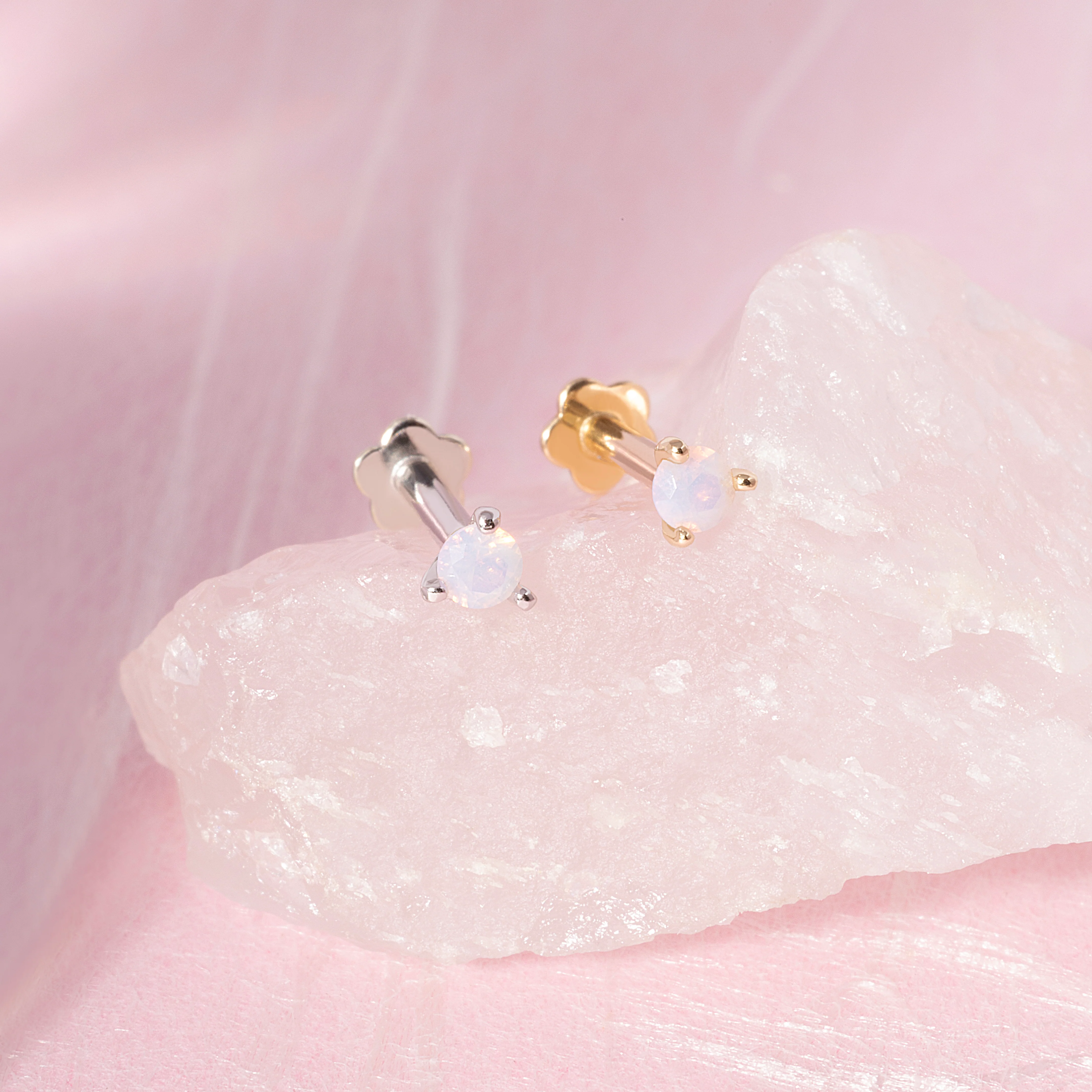 14K Solid Gold Baby Pink Opal Flatback Earring