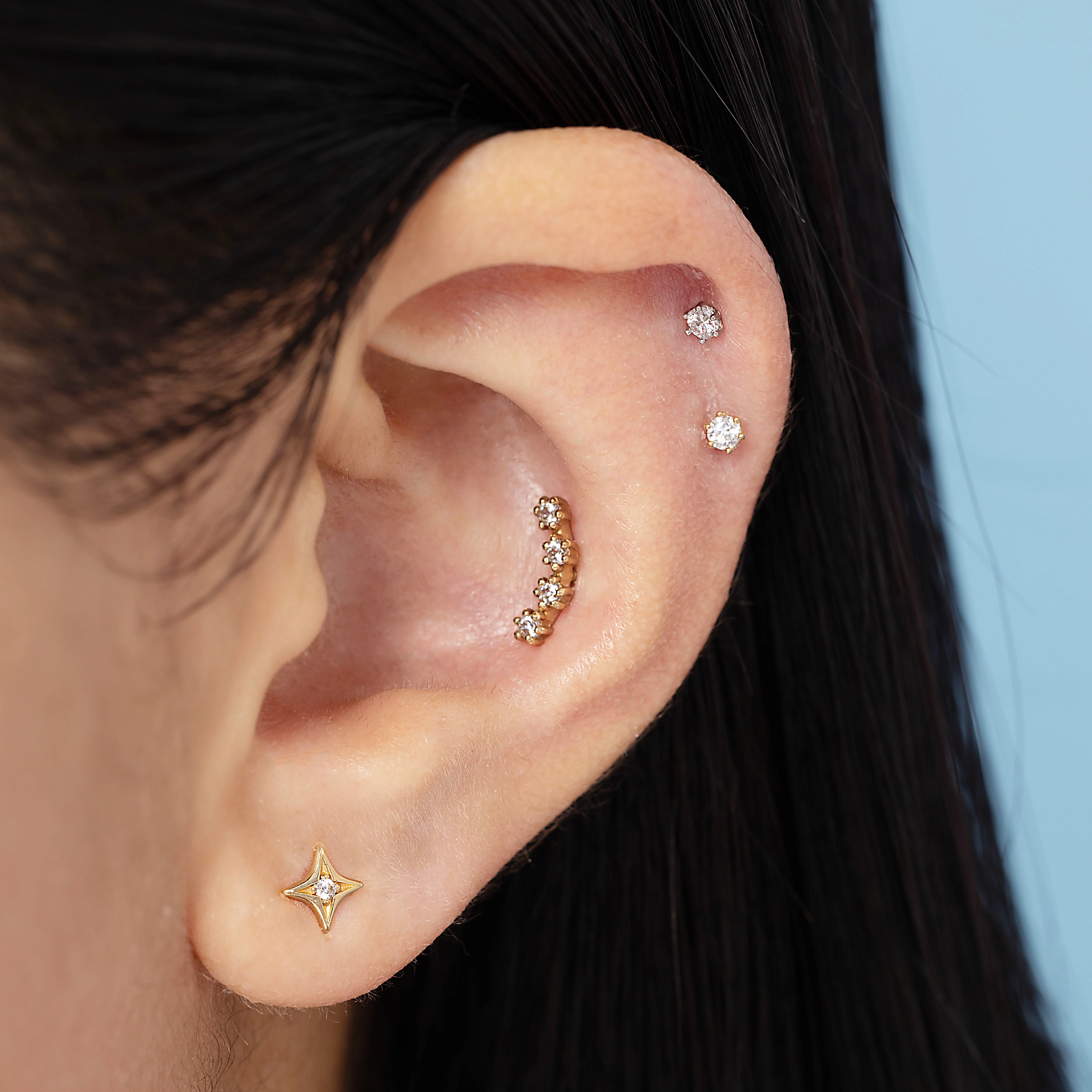 14K Solid Gold Star Cluster Flatback Earring