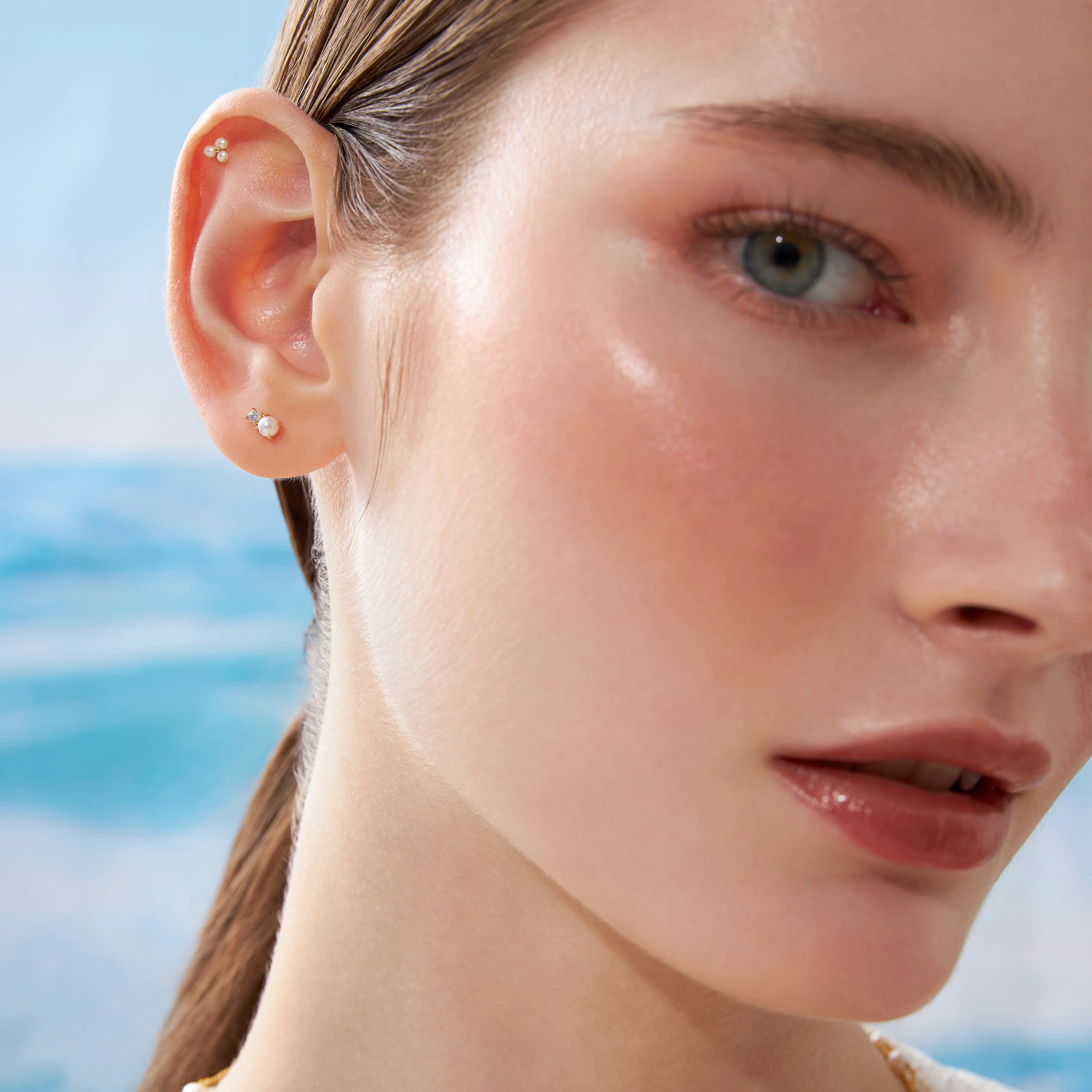 14K Solid Gold Pearl Cubic Flatback Earring