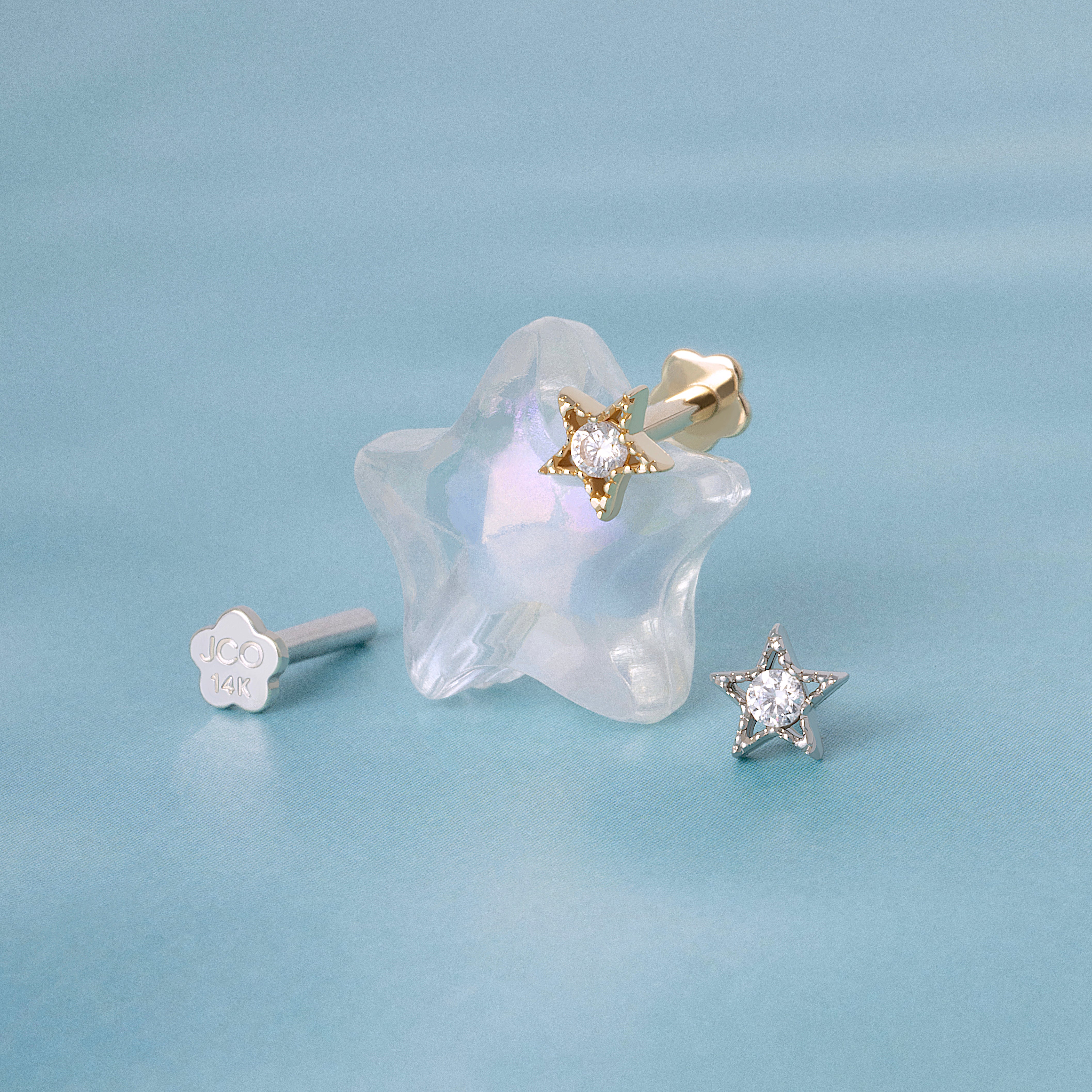 14K Solid Gold Jewel Baby Star Flatback Earring