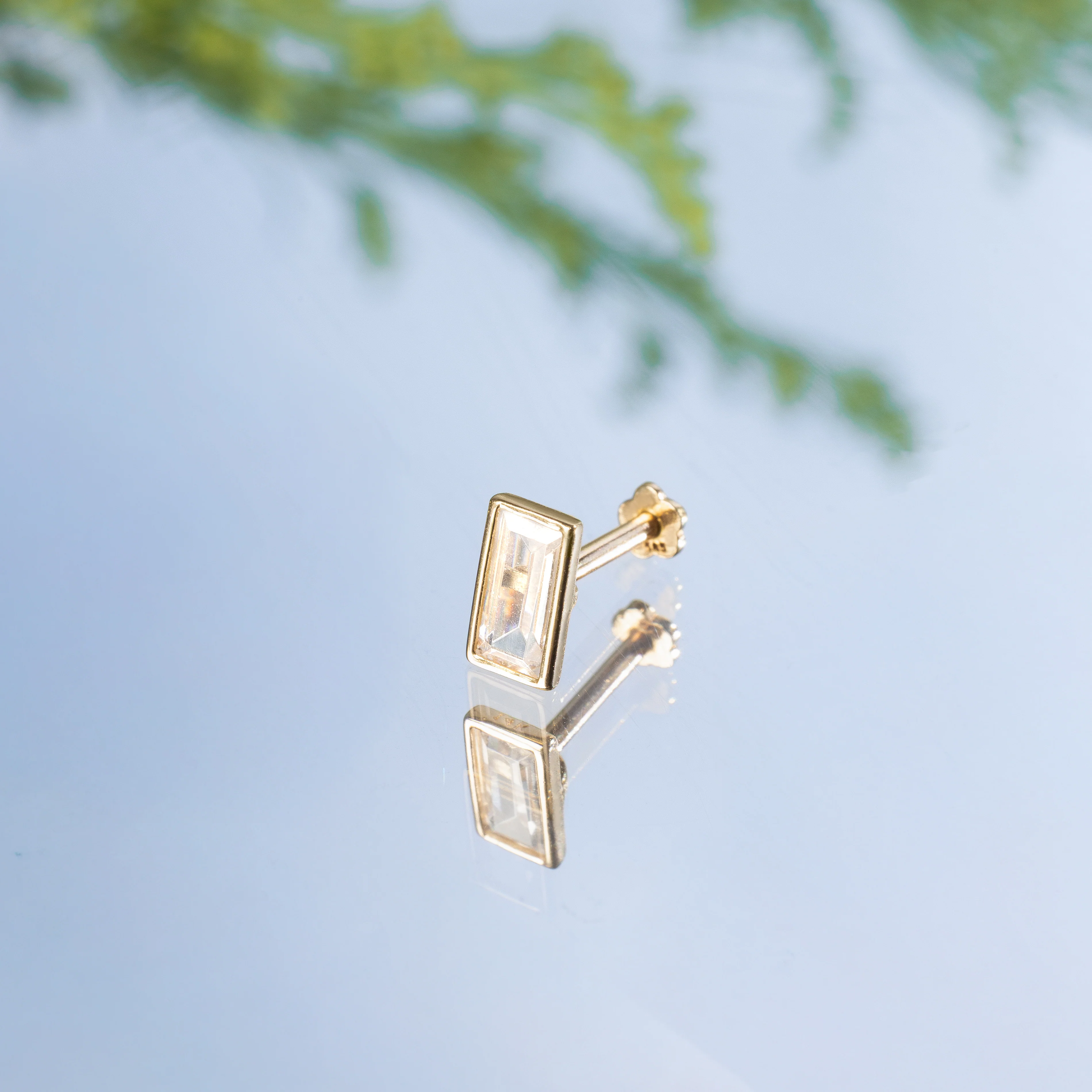 14K Solid Gold Baguette Bezel Flatback Earring