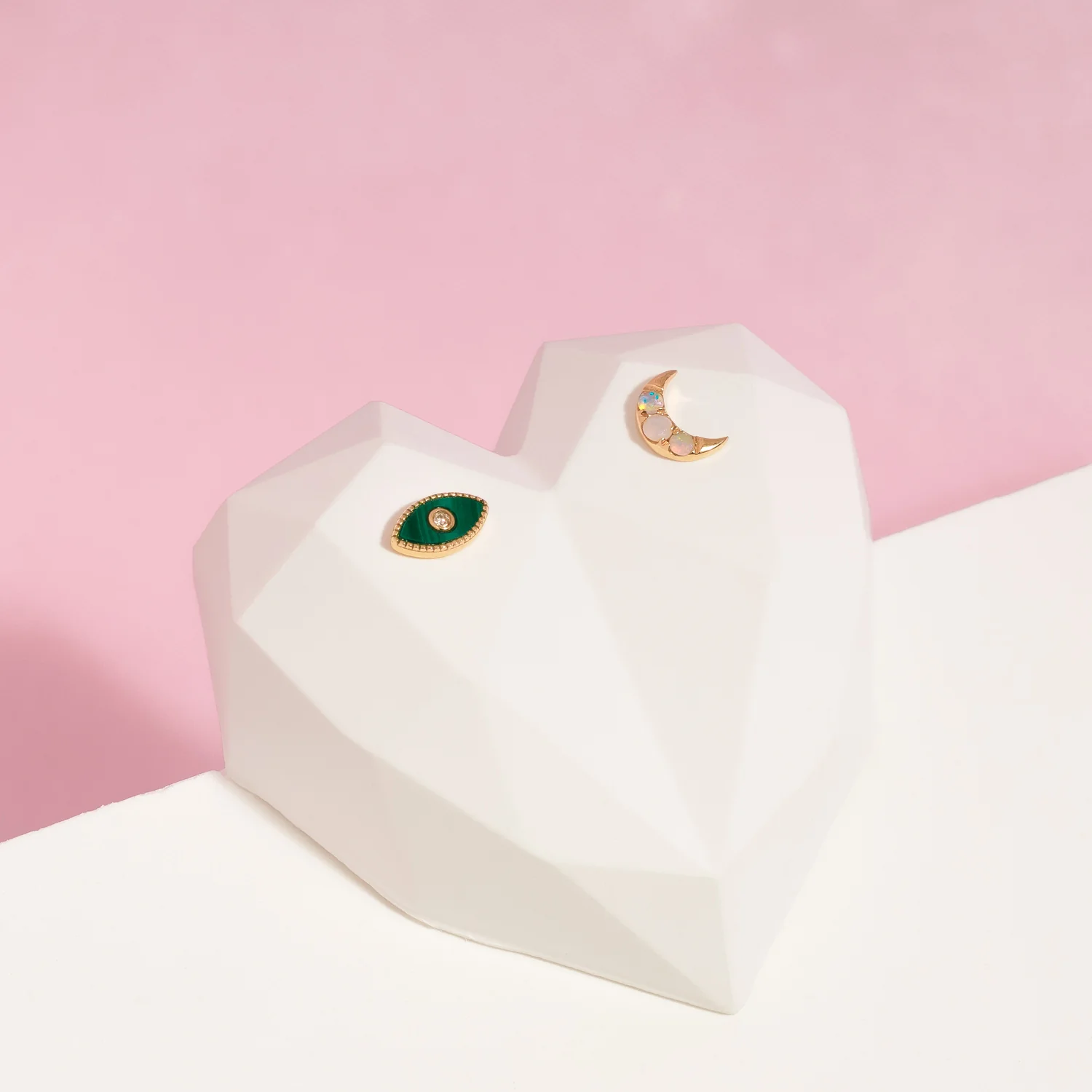 14K Solid Gold Diamond Tiny Malachite Evil Eye Flatback Earring