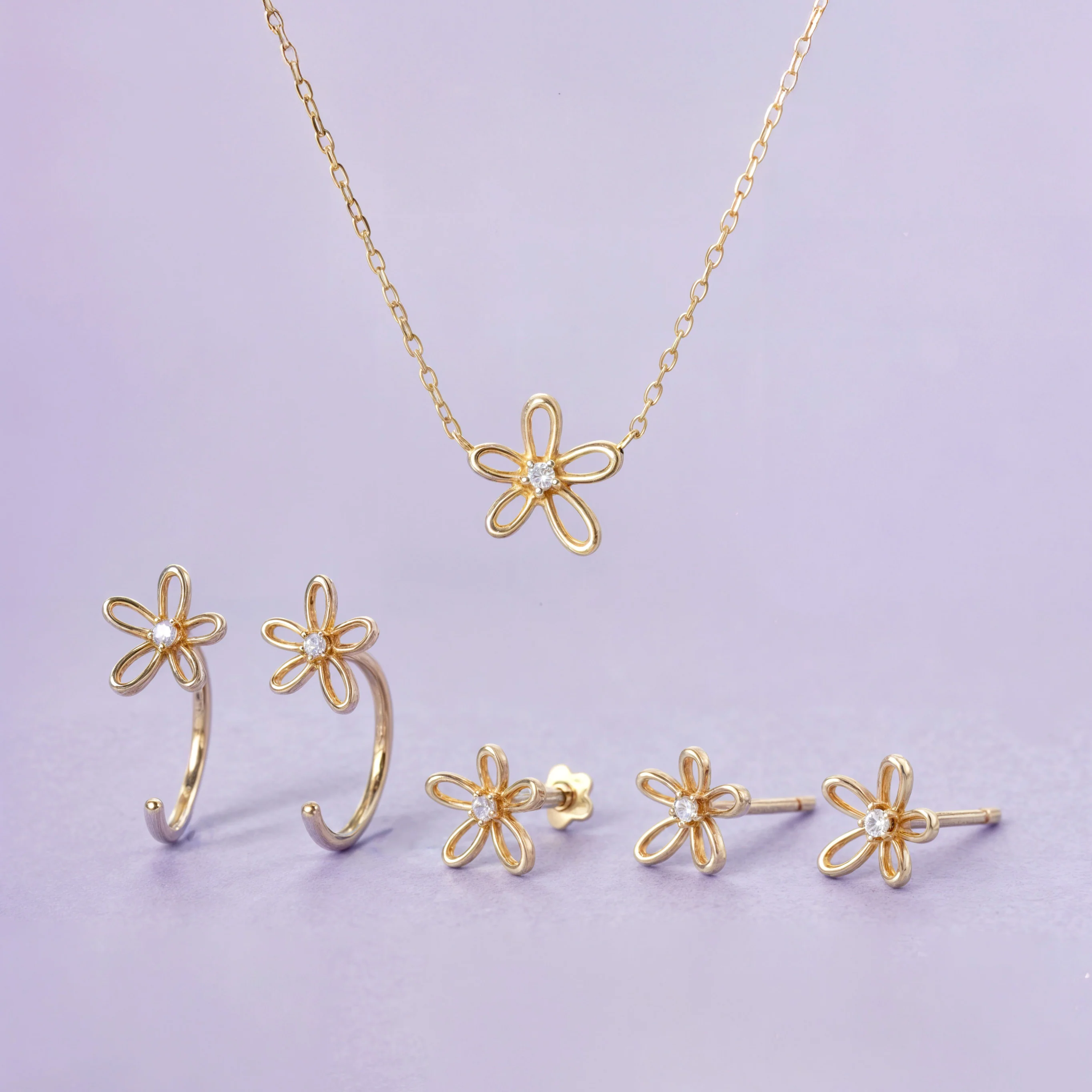 14K Solid Gold Floraison Halo Diamond Open Huggie Earrings