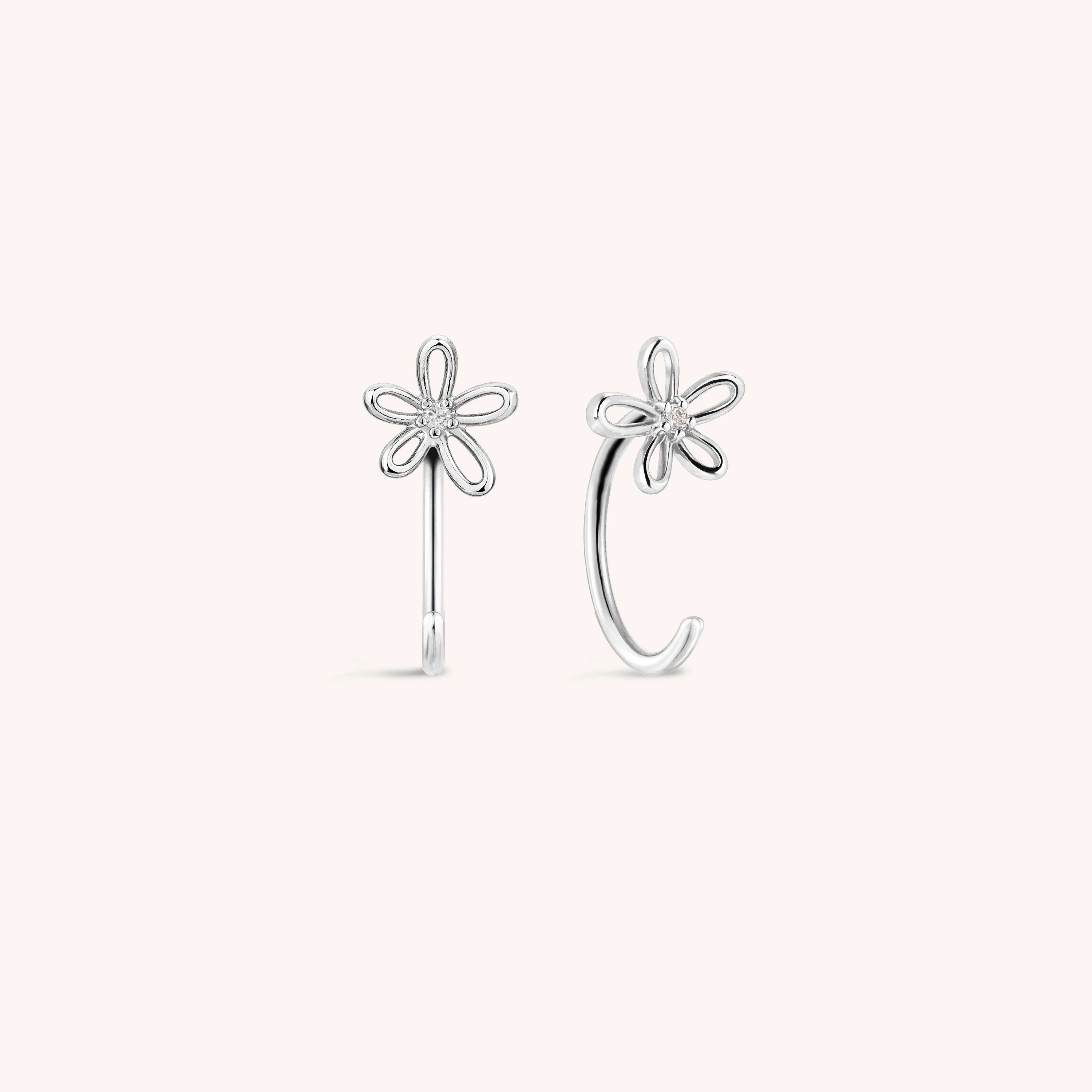 14K Solid Gold Floraison Halo Diamond Open Huggie Earrings