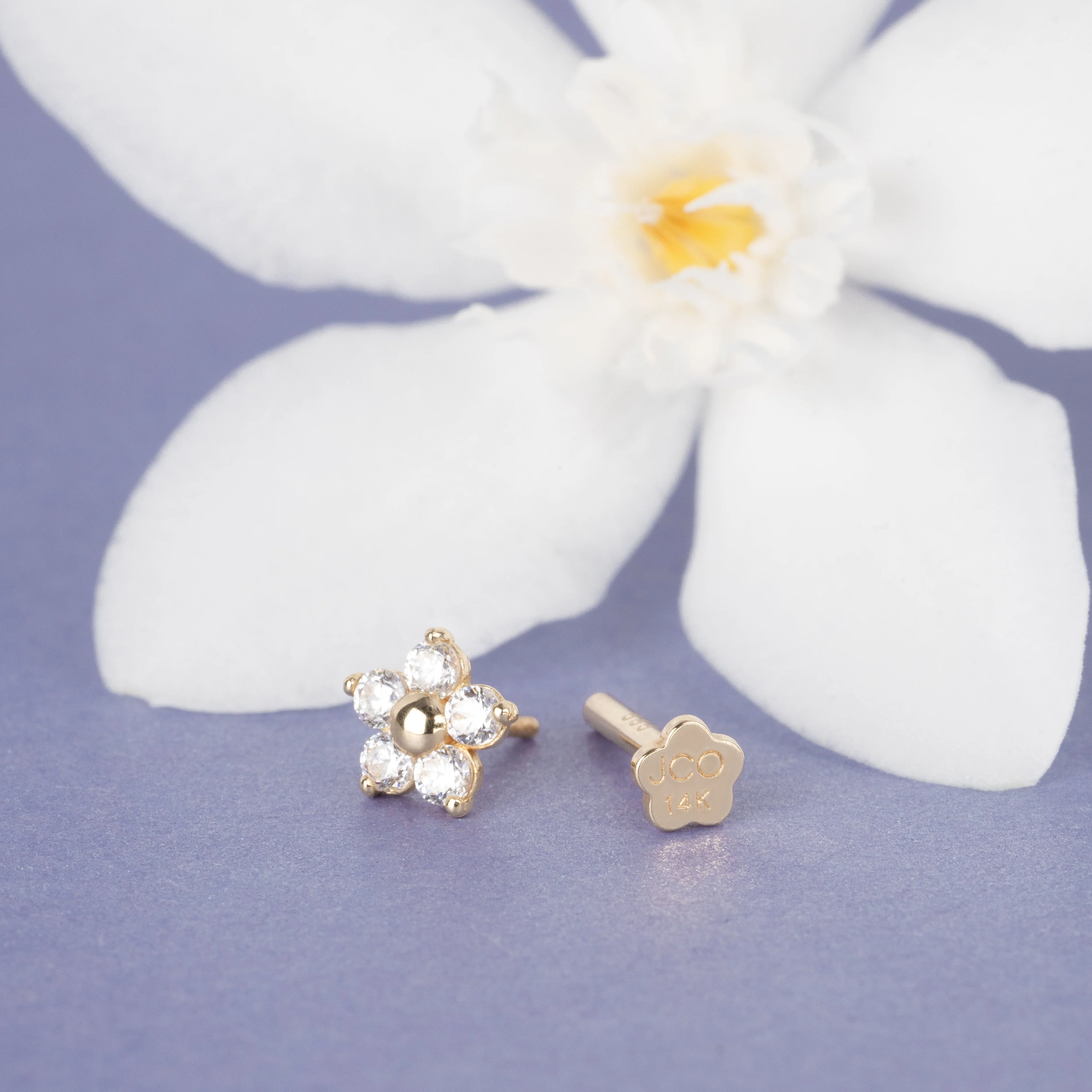 14K Solid Gold Lab Diamond Bloom Flatback Earring