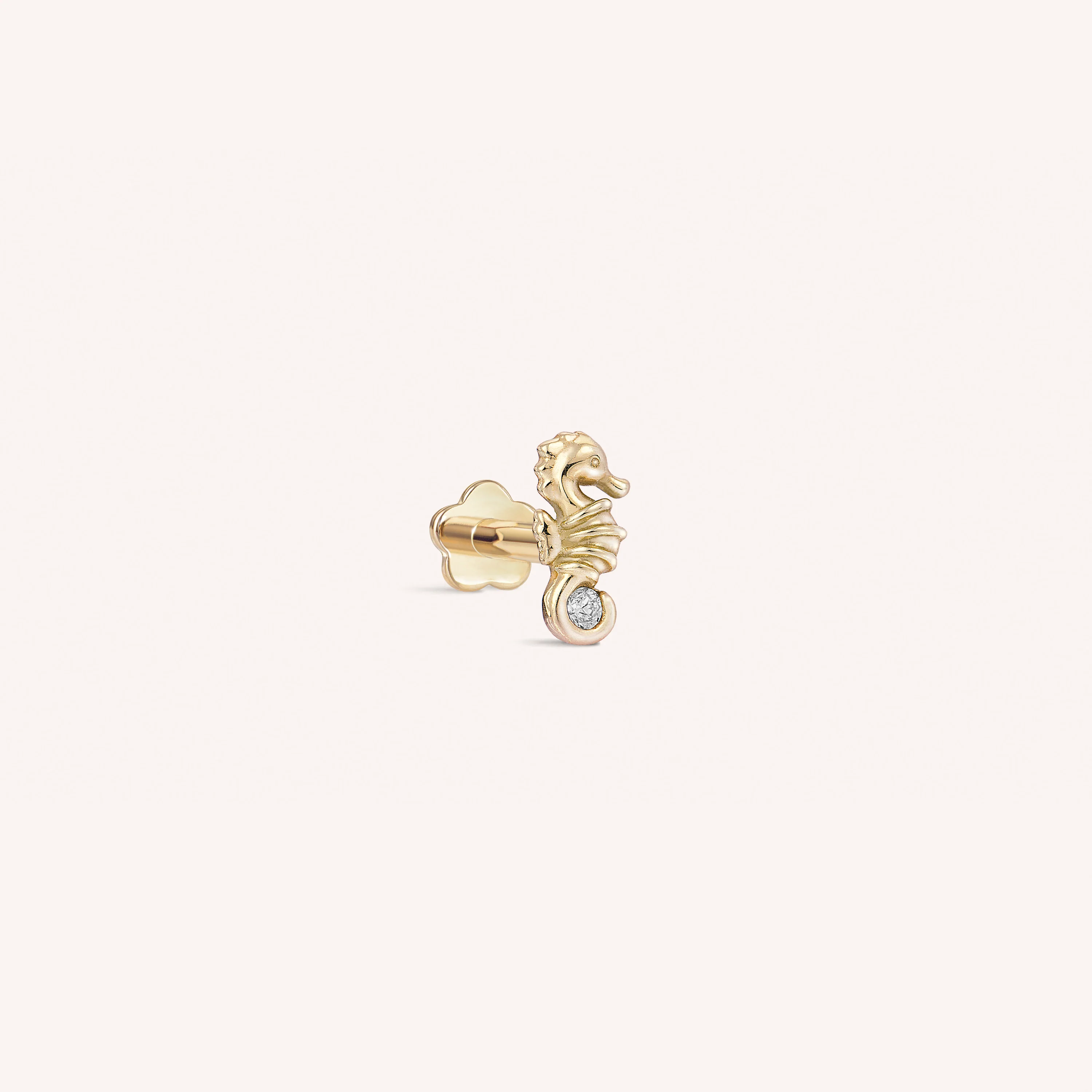 14K Solid Gold Seahorse Diamond Flatback Earring
