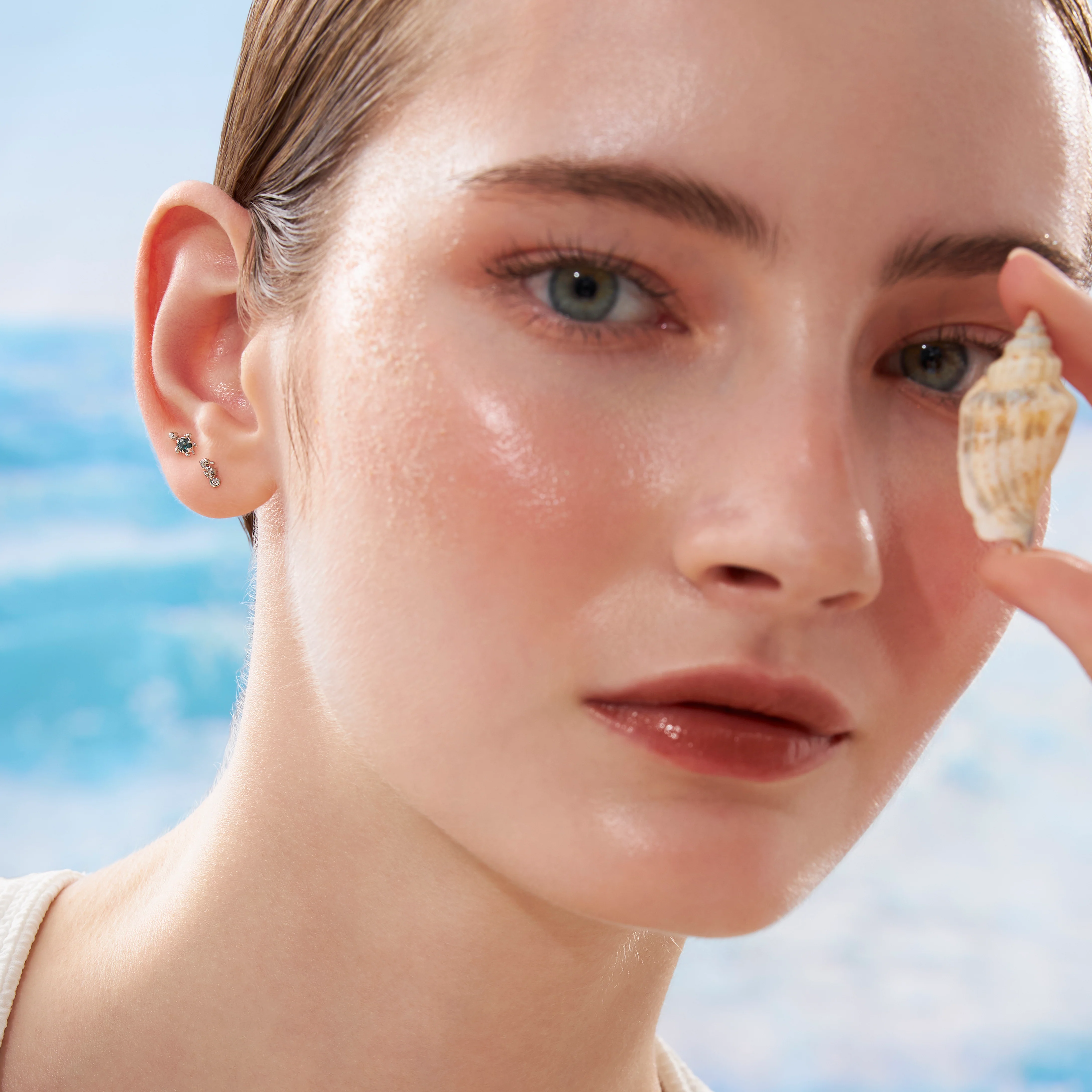 14K Solid Gold Seahorse Diamond Flatback Earring