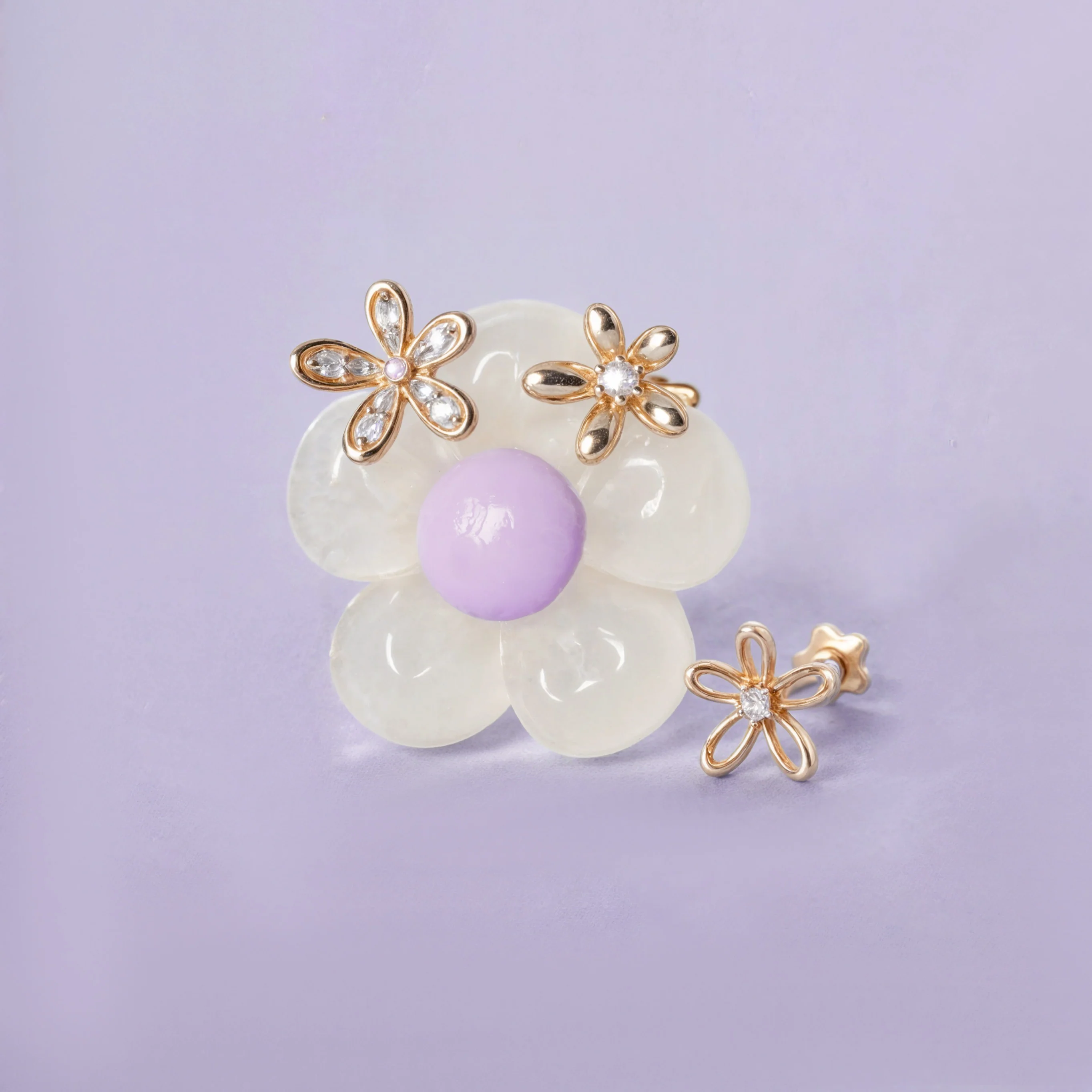 14K Solid Gold Floraison Diamond Flatback Earring