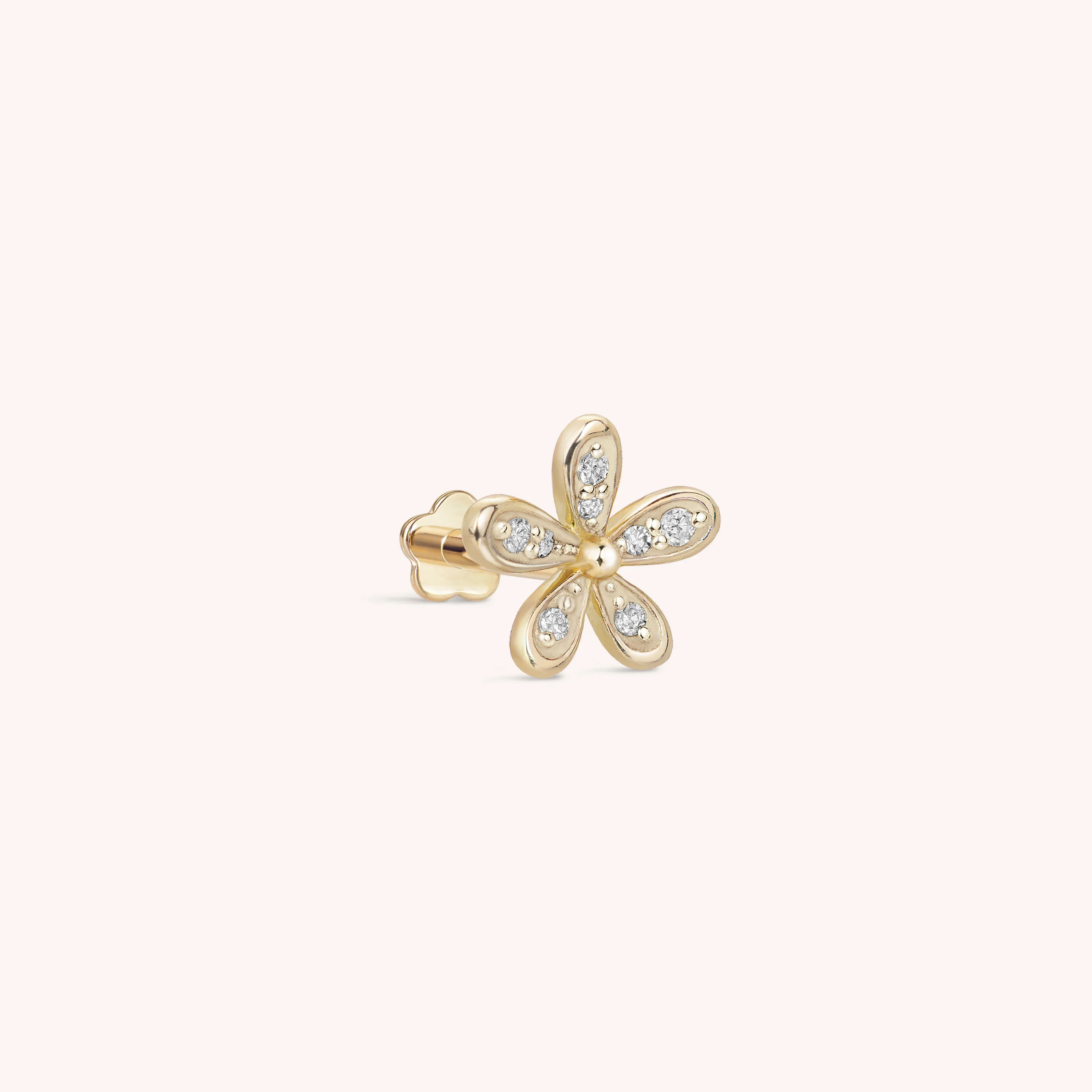 14K Solid Gold Floraison Pavé Diamond Flatback Earring
