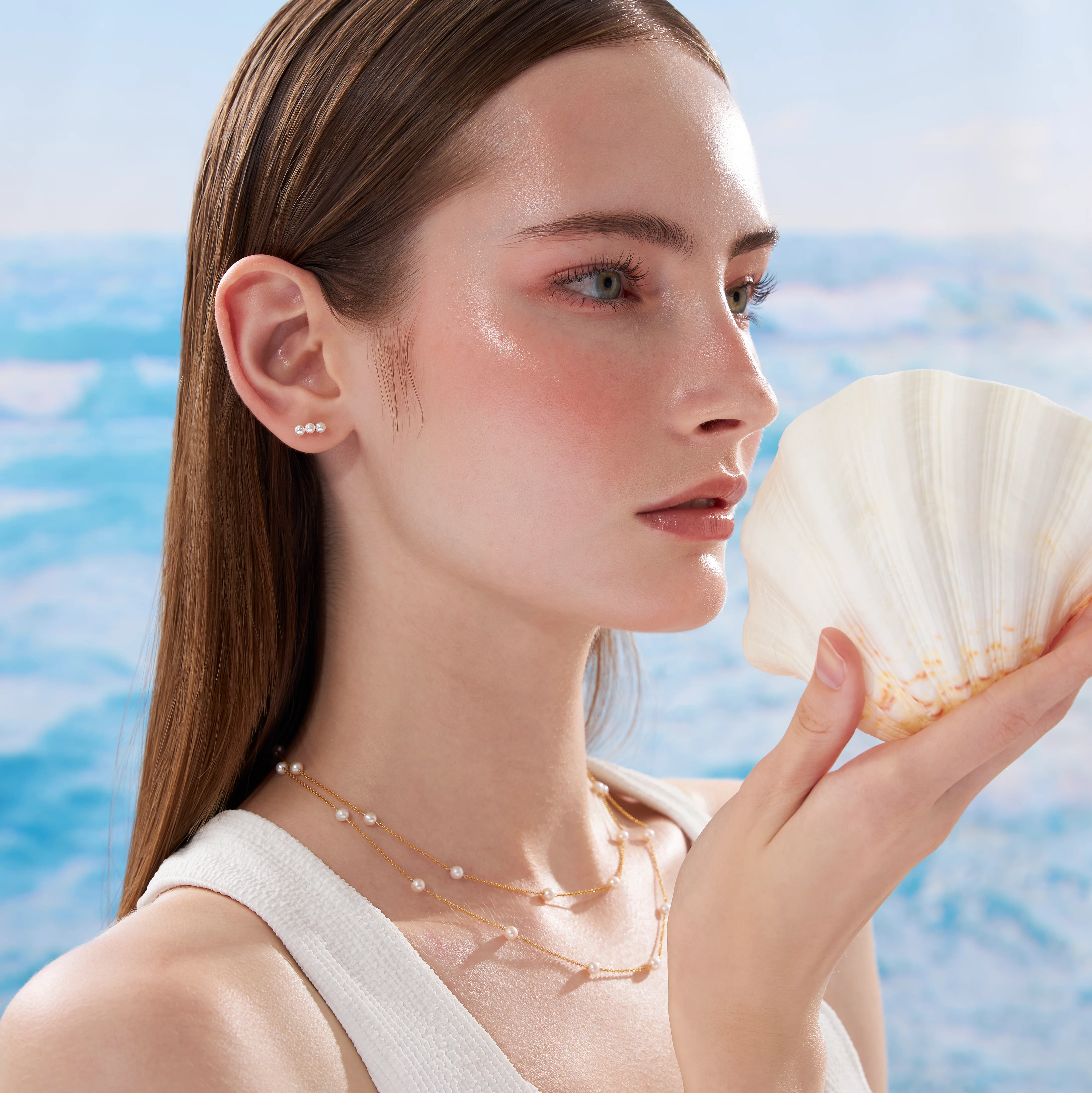 14K Solid Gold Pearl Bar Flatback Earring