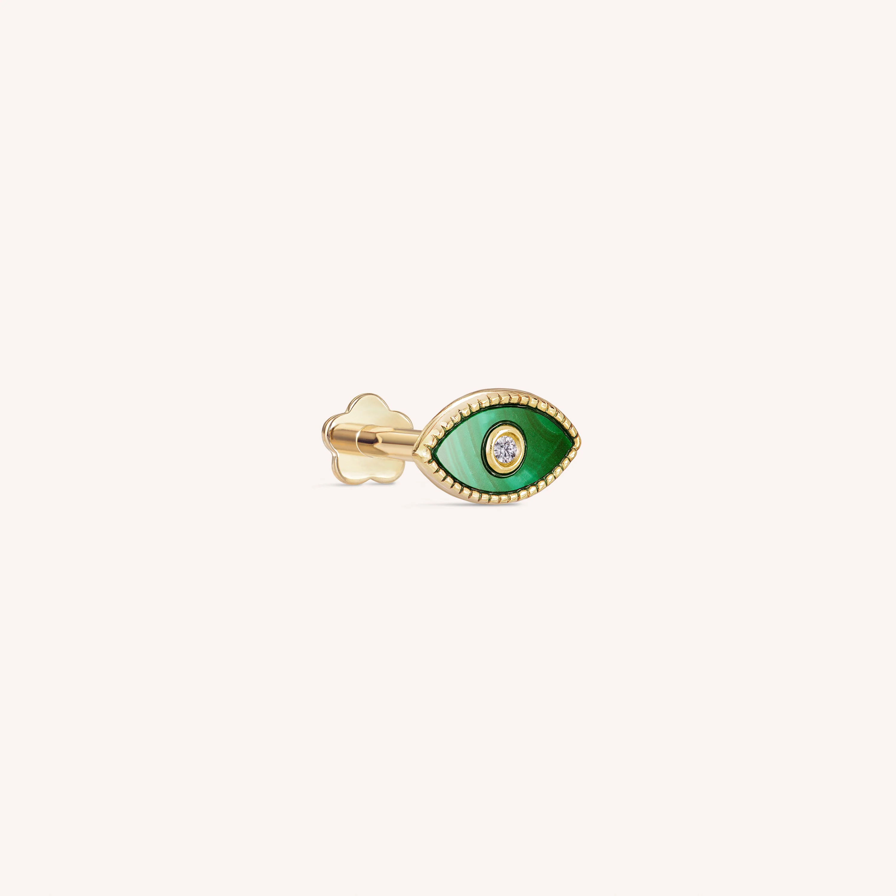 14K Solid Gold Diamond Tiny Malachite Evil Eye Flatback Earring