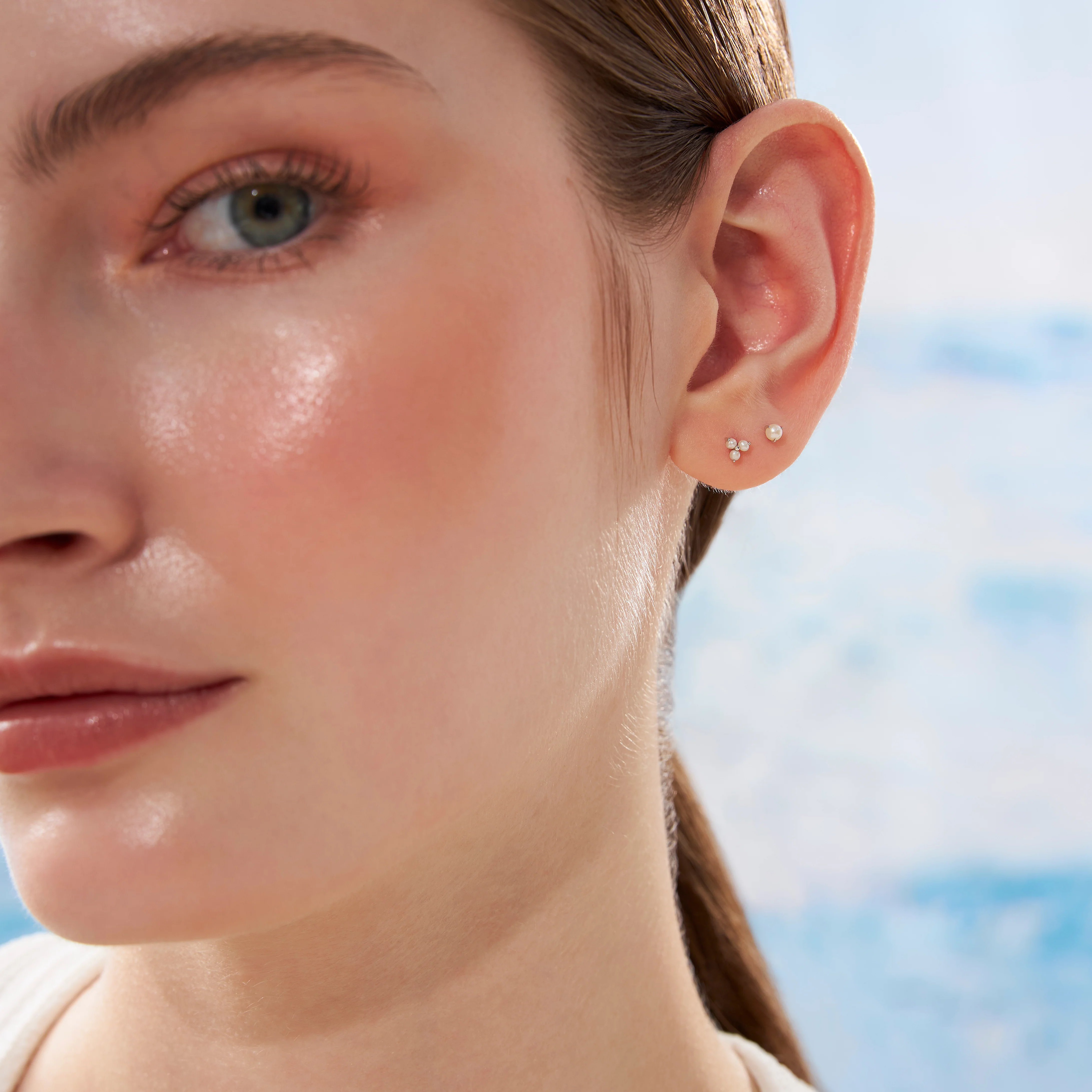 14K Solid Gold Genuine Little Pearl Flatback Earring