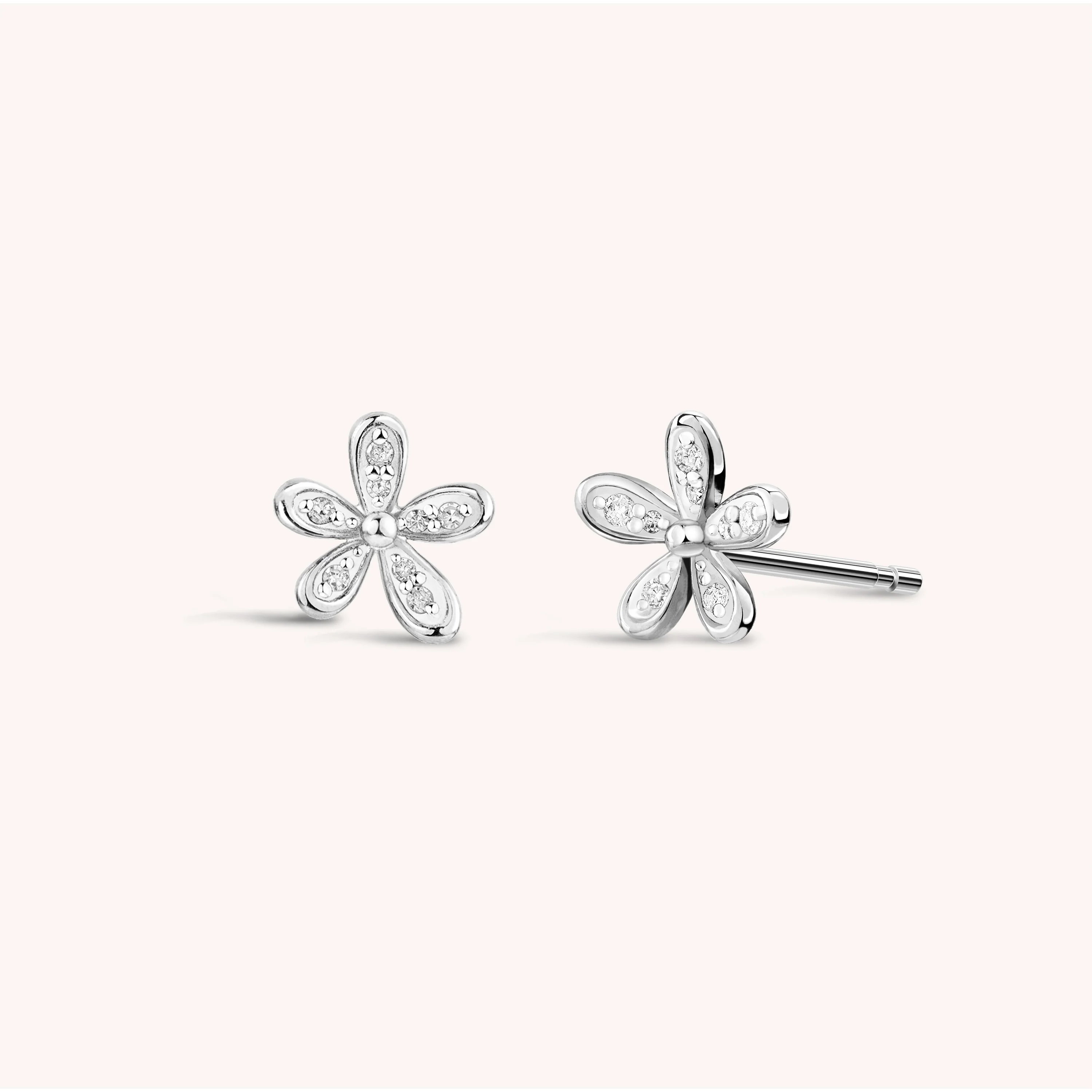 14K Solid Gold Floraison Pavé Diamond Stud Earrings