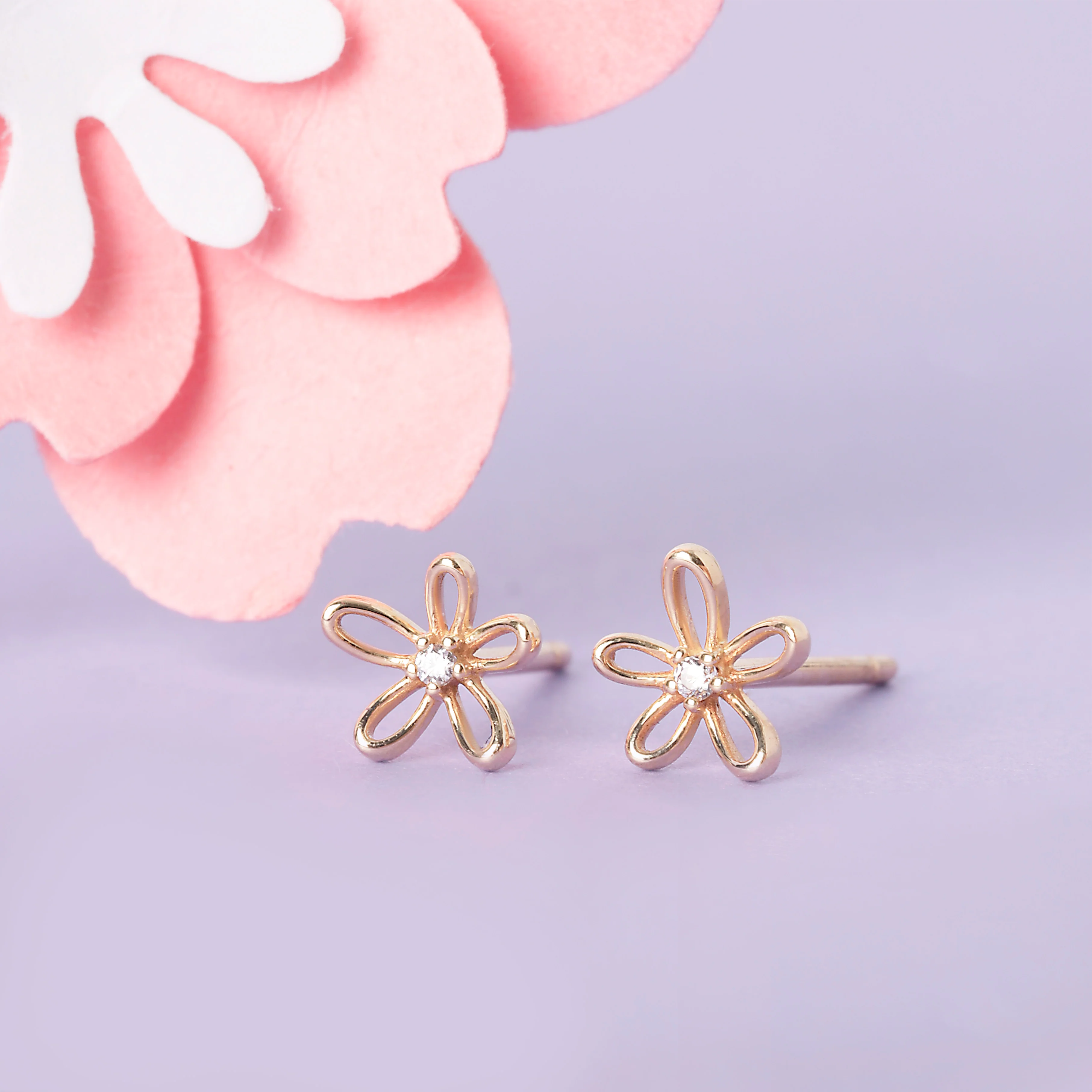 14K Solid Gold Floraison Halo Diamond Stud Earrings