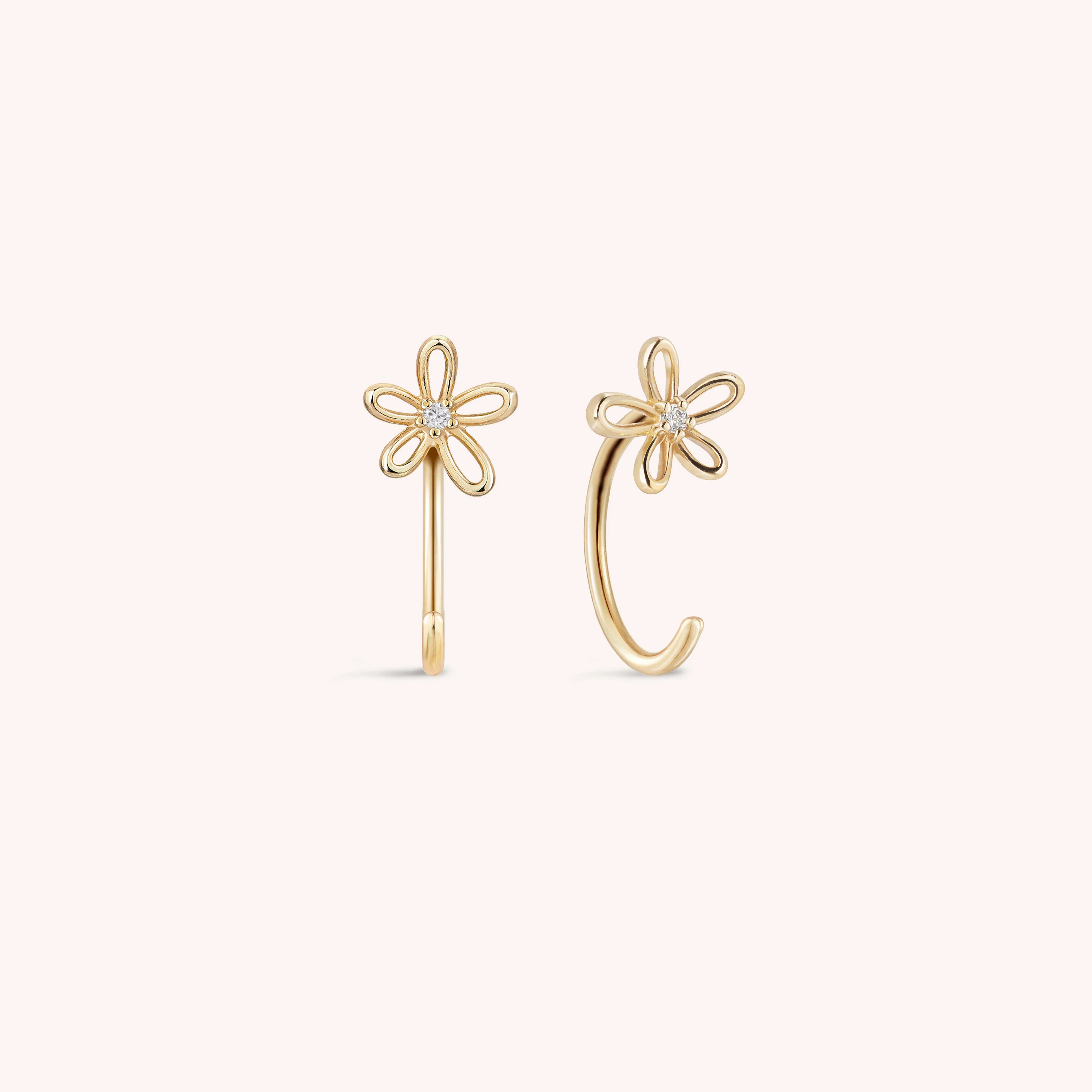 14K Solid Gold Floraison Halo Diamond Open Huggie Earrings