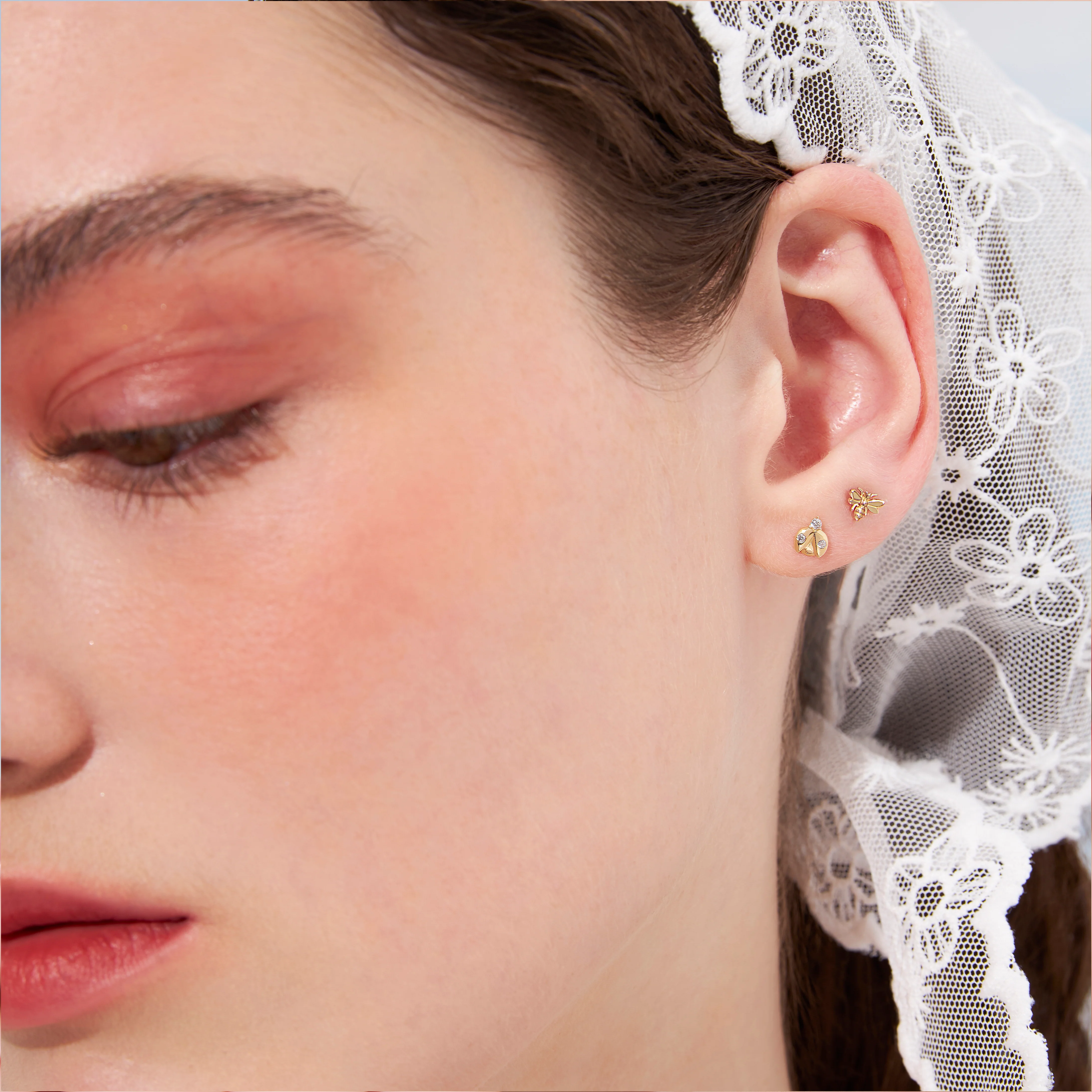 14K Solid Gold Ladybug Flatback Earring