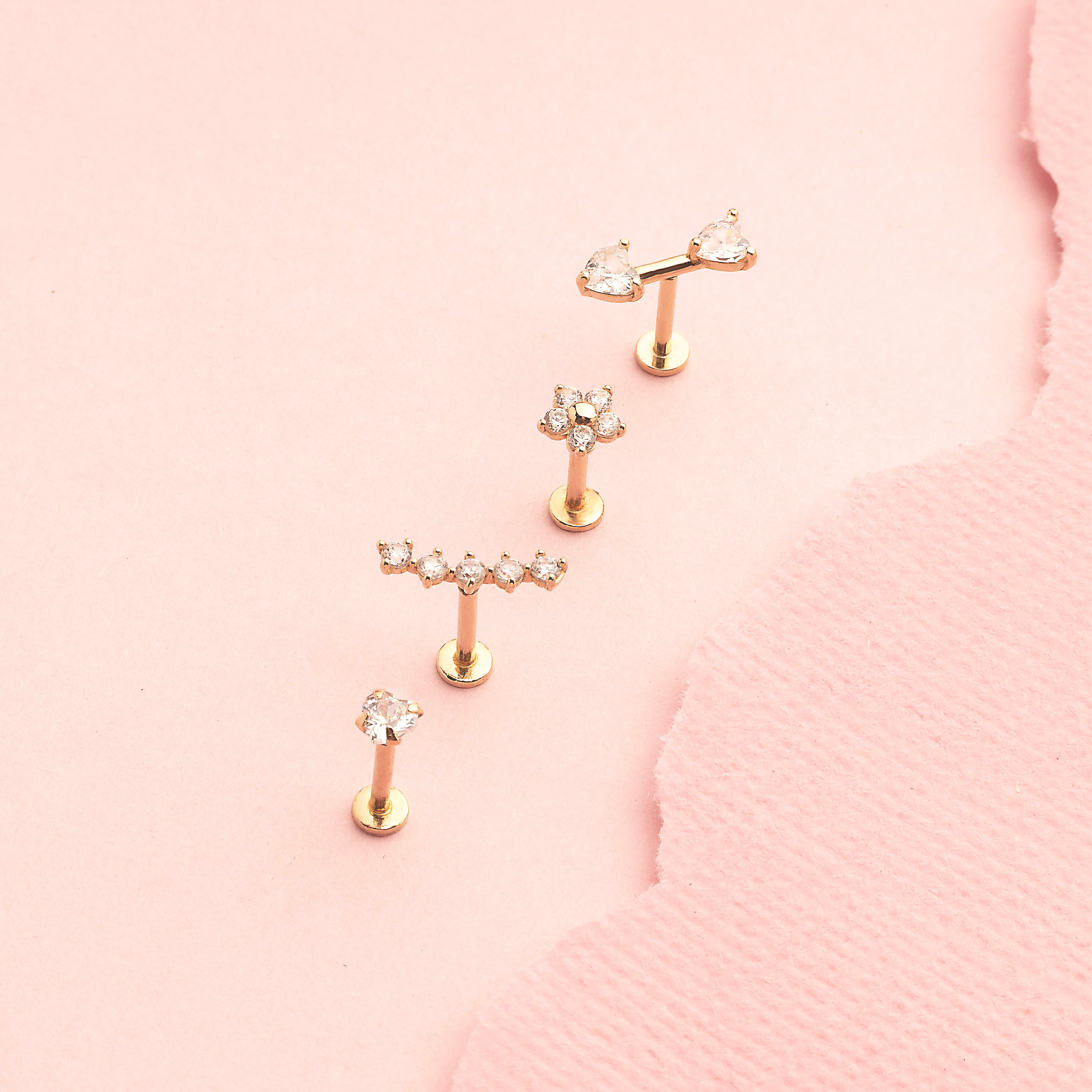 14K Solid Gold Pavé Crescent Flatback Earring