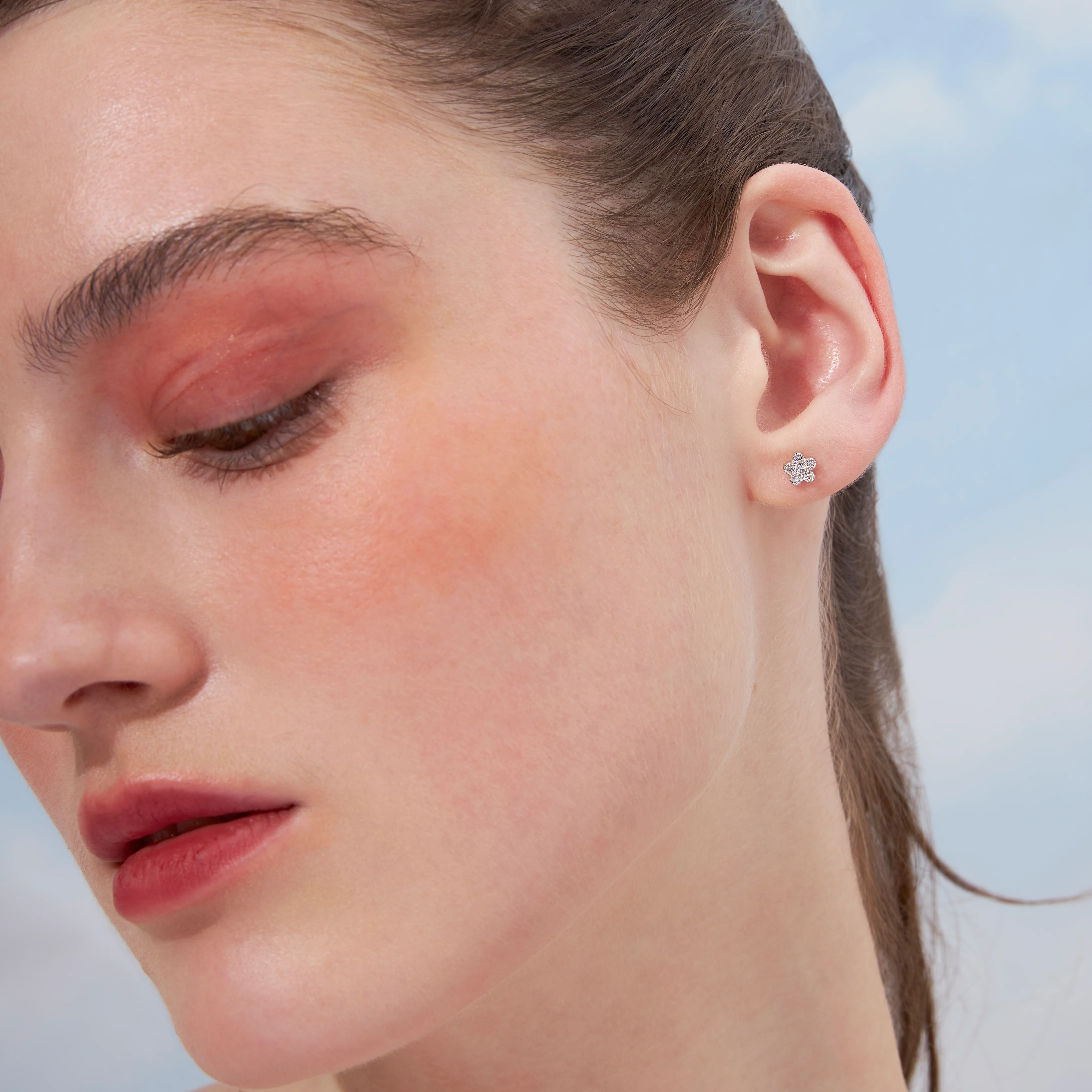 14K Solid Gold Plum Blossom Flower Flatback Earring