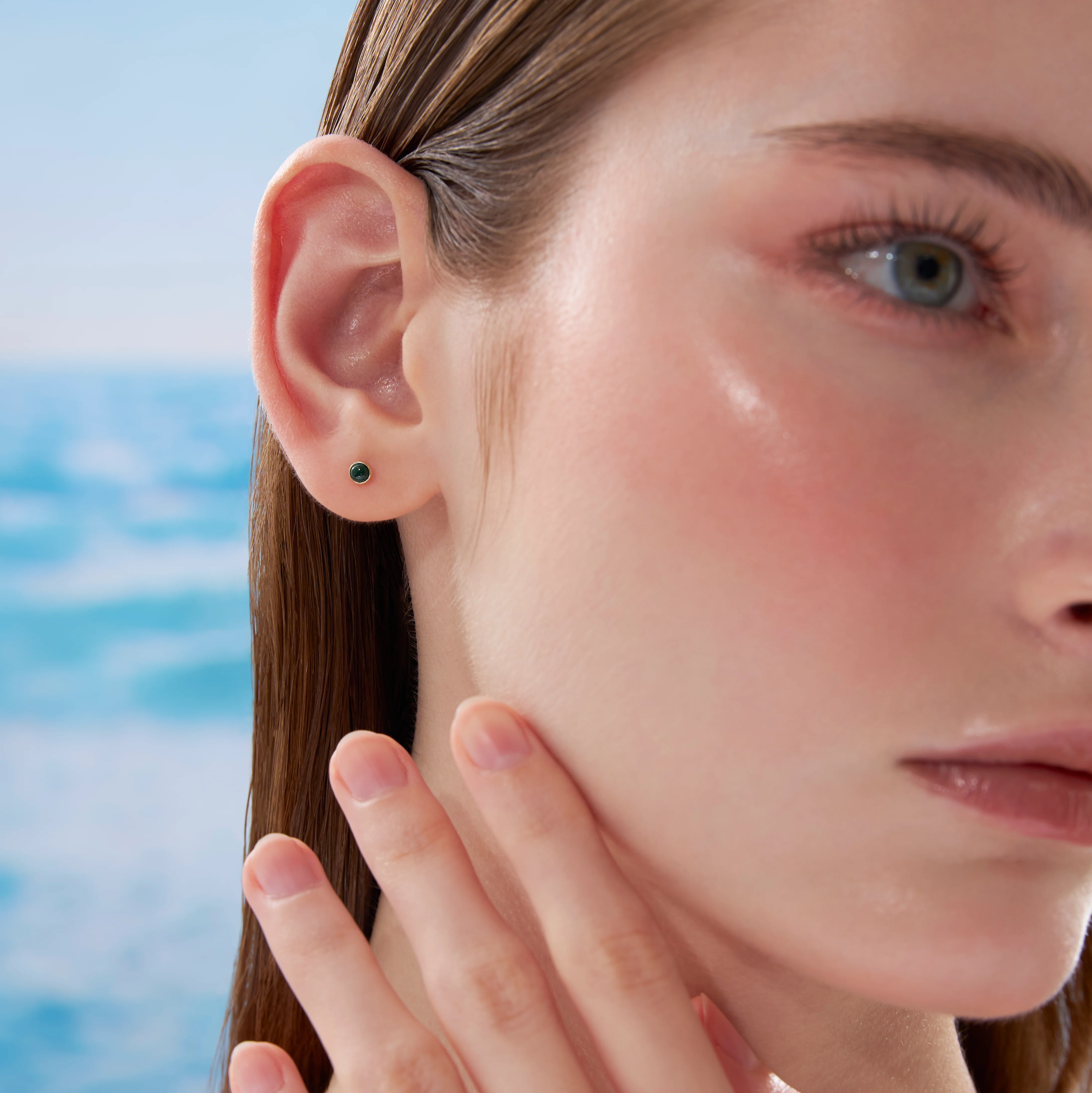 14K Solid Gold Mini Genuine Malachite Bezel Flatback Earring