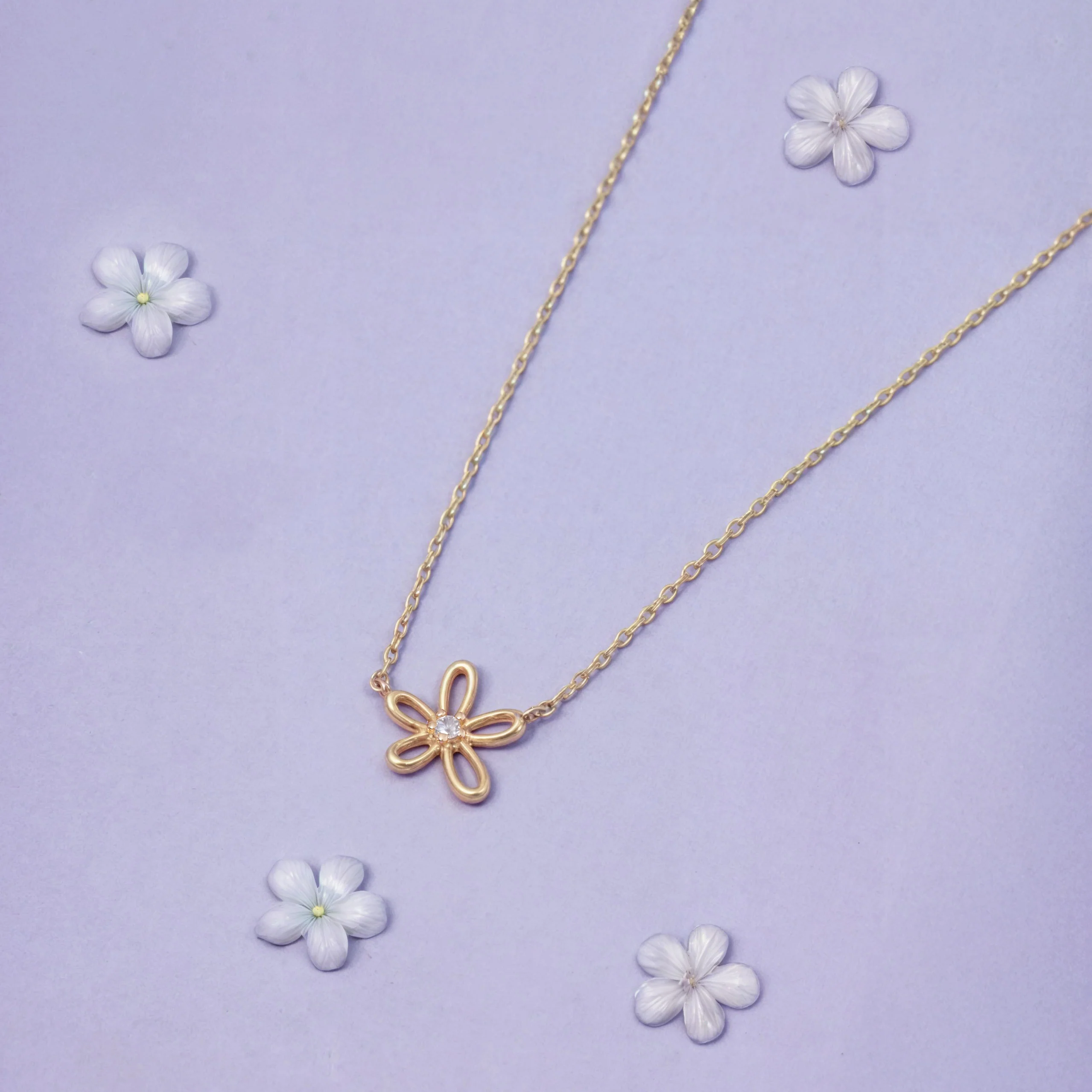 14K Solid Gold Floraison Halo Diamond Necklace