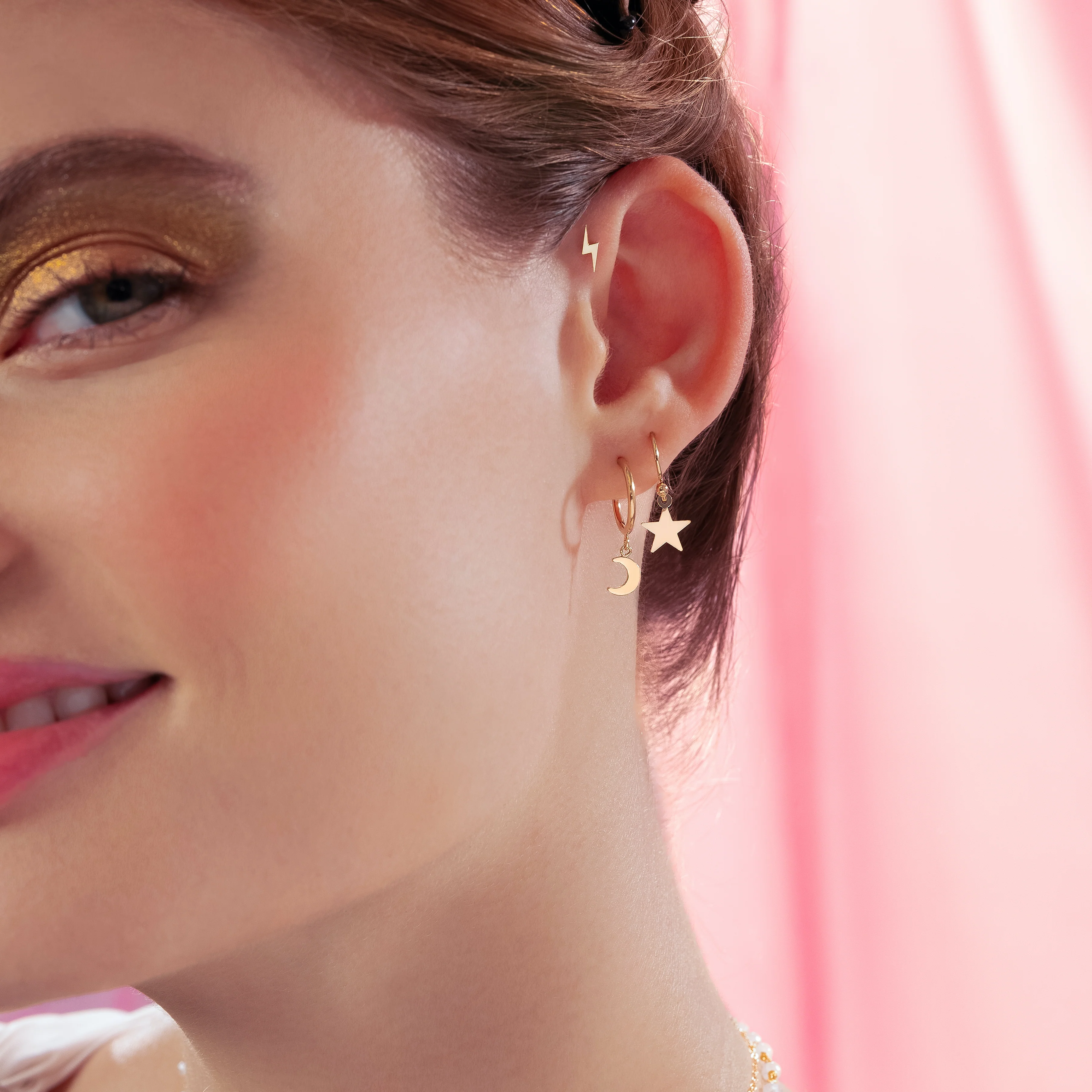 14K Solid Gold Thunderbolt Flatback Earring