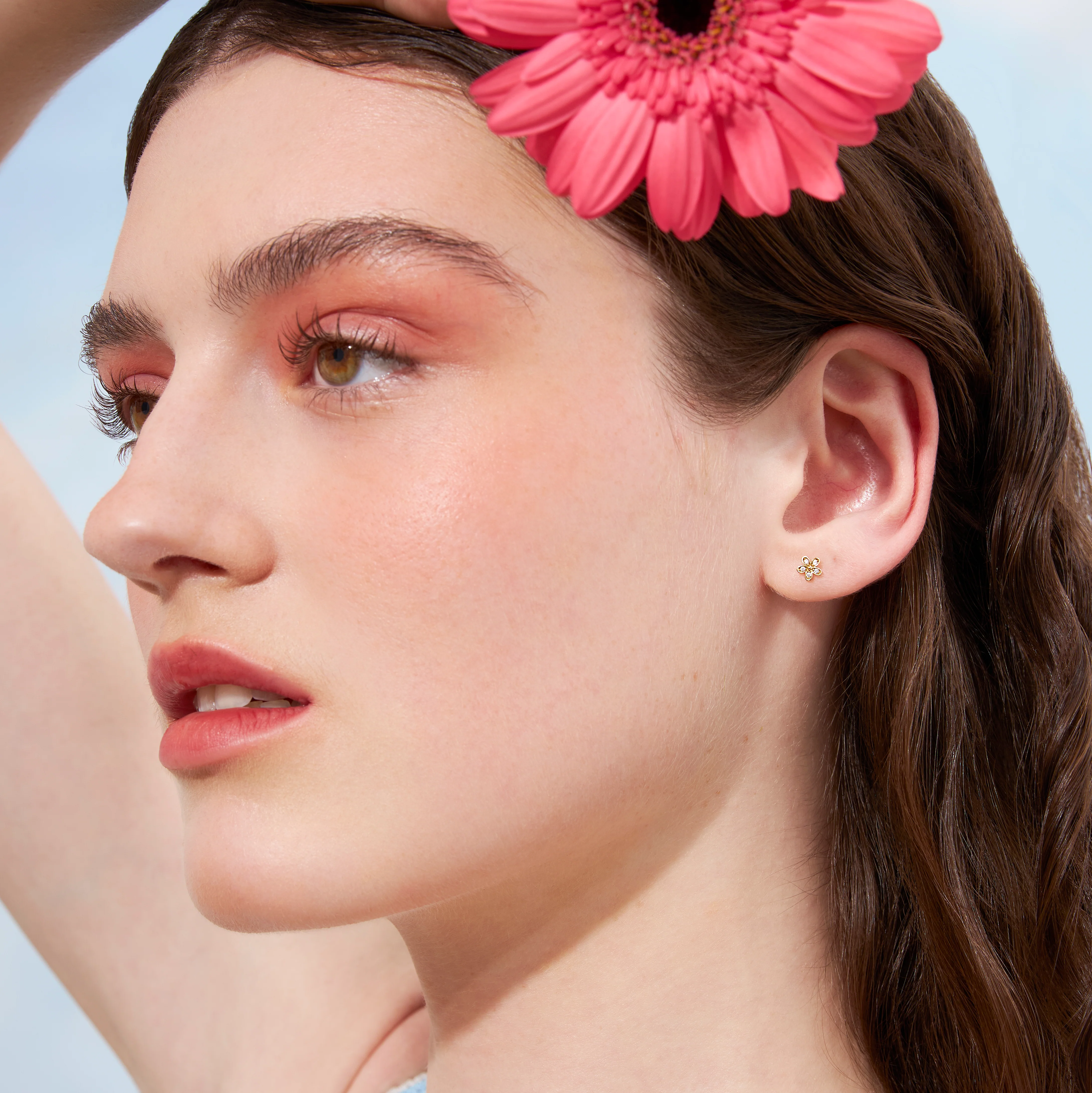 14K Solid Gold Daisy Flower Flatback Earring