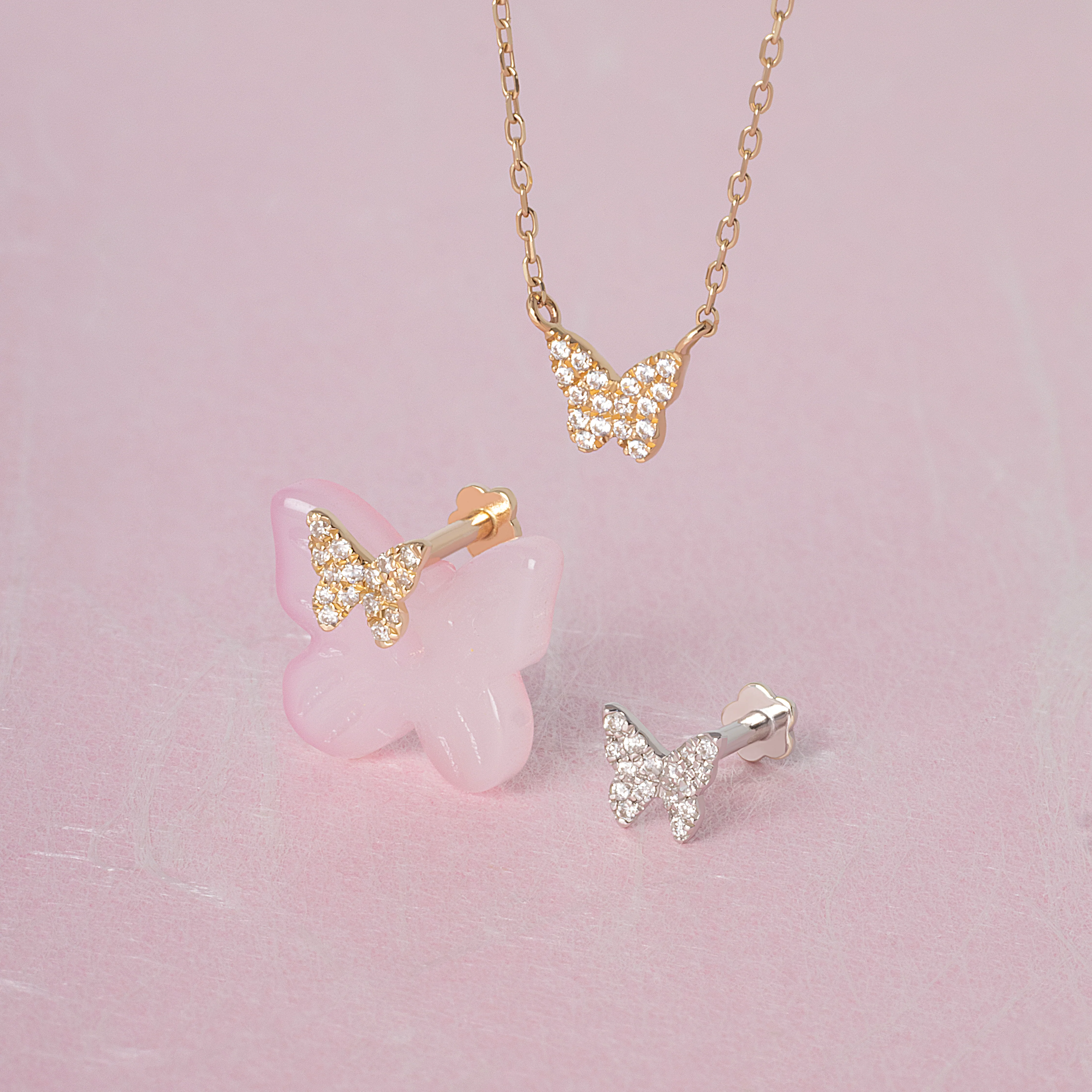 14K Solid Gold Mini Pavé Diamond Butterfly Flatback Earring