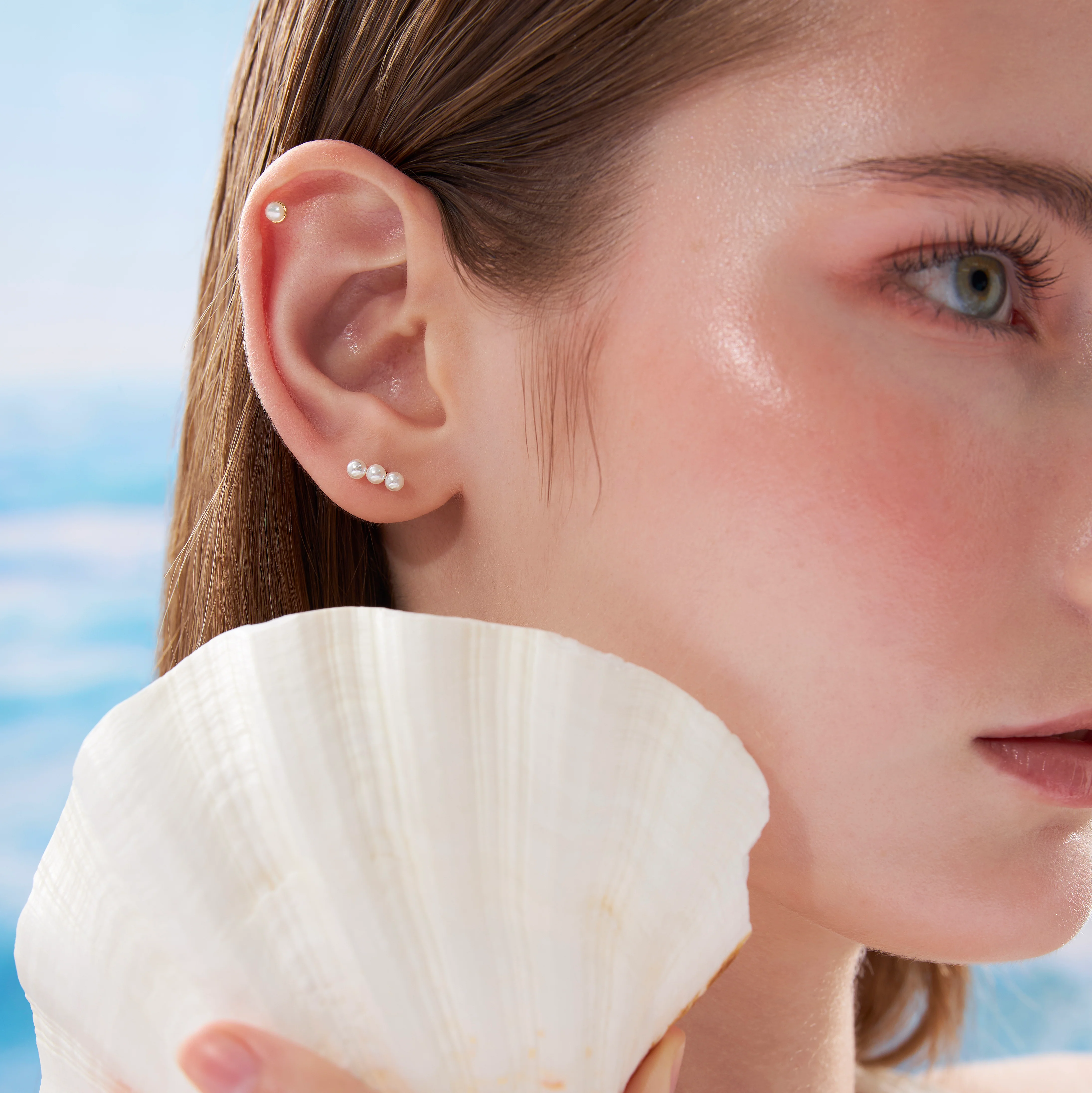 14K Solid Gold Pearl Bar Flatback Earring