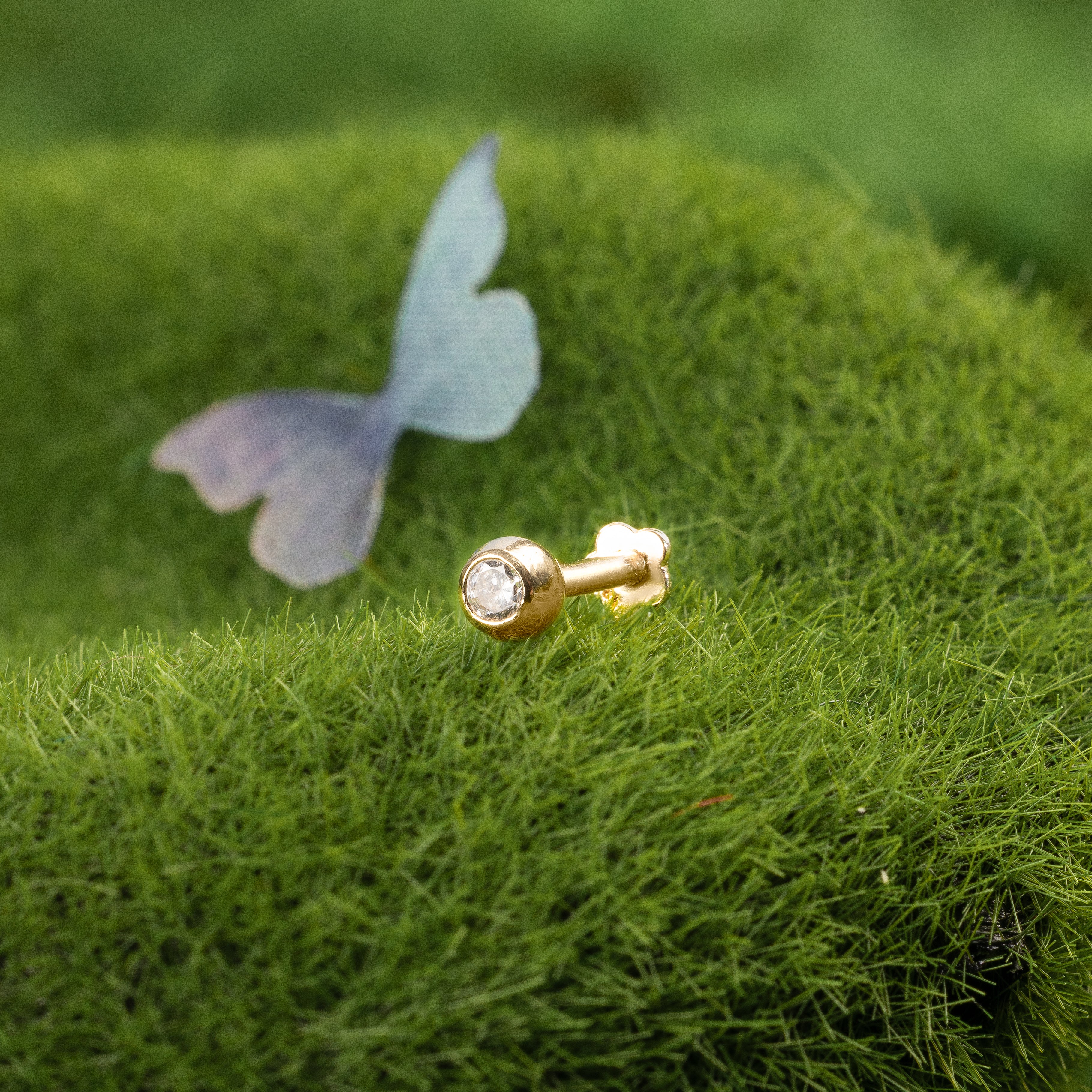 14K Solid Gold Tiny Gem Ball Flatback Earring