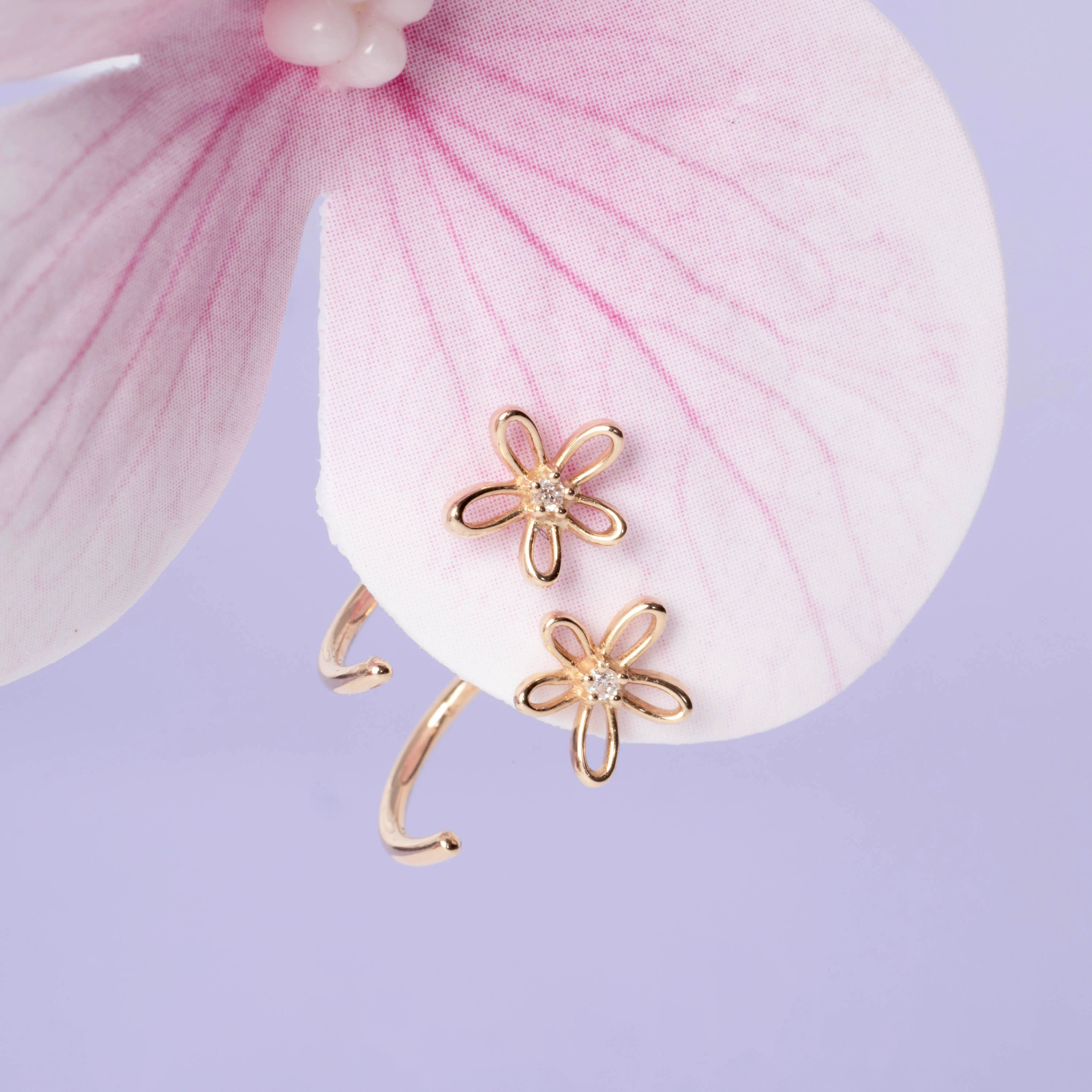 14K Solid Gold Floraison Halo Diamond Open Huggie Earrings