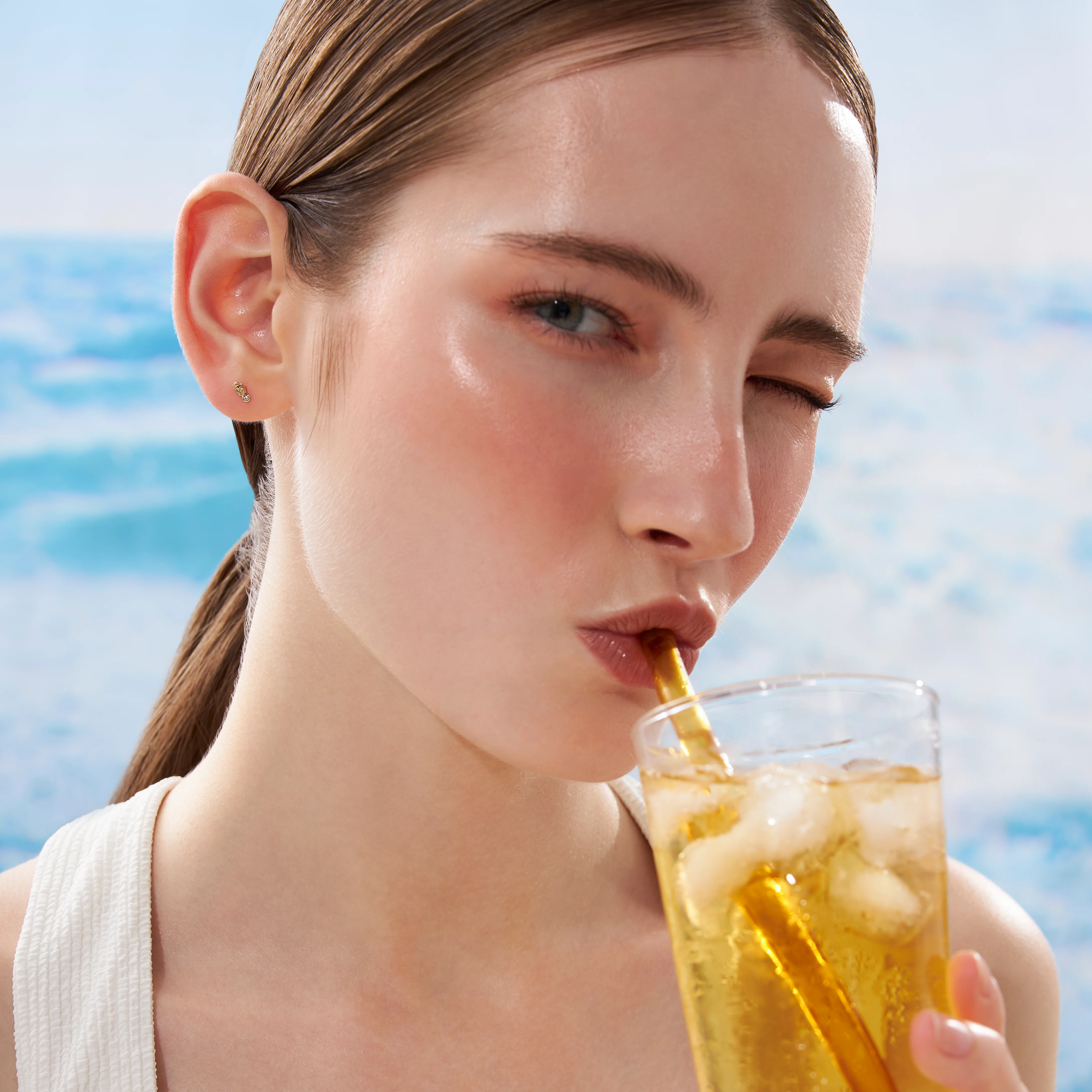 14K Solid Gold Seahorse Diamond Flatback Earring