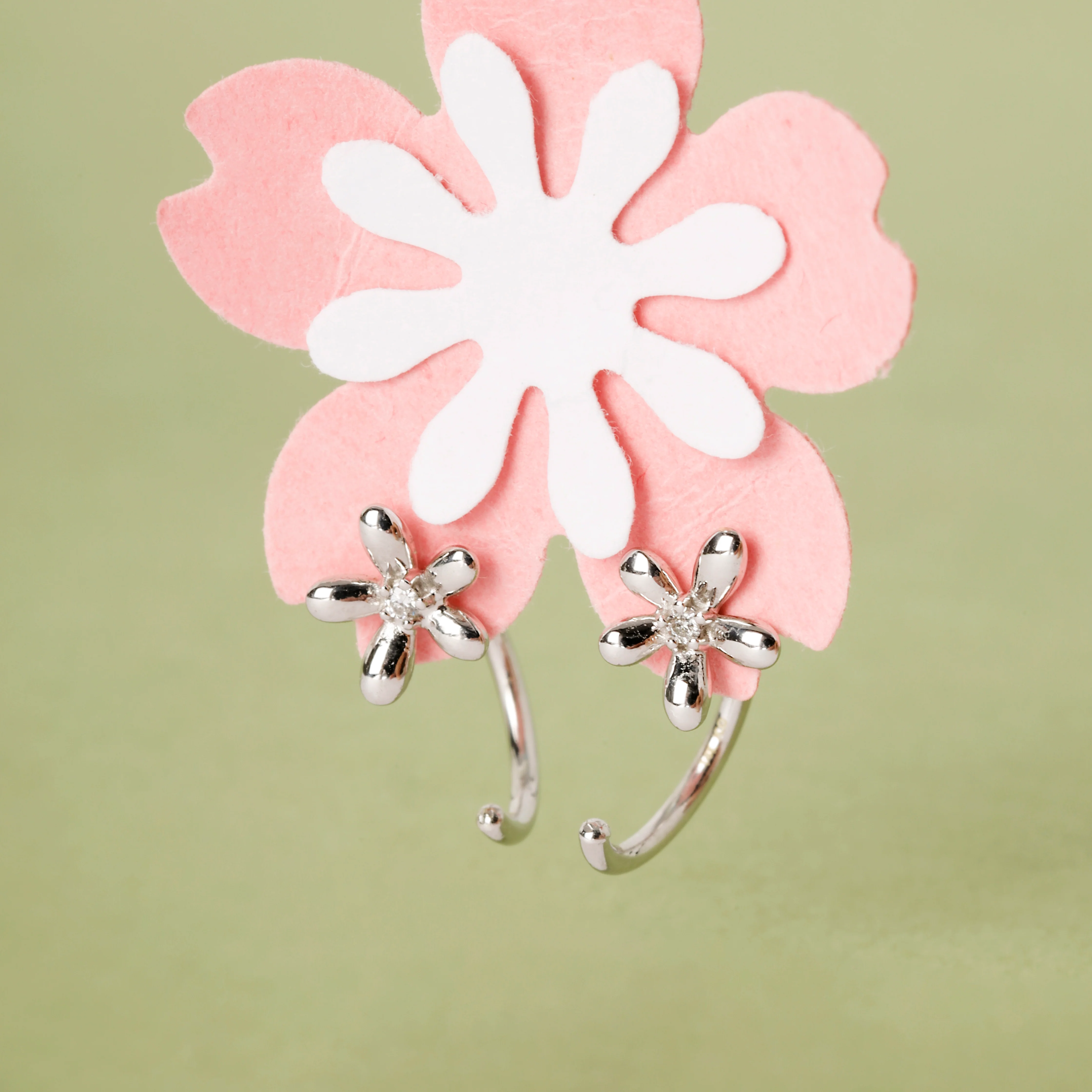 14K Solid Gold Floraison Diamond Open Huggie Earrings