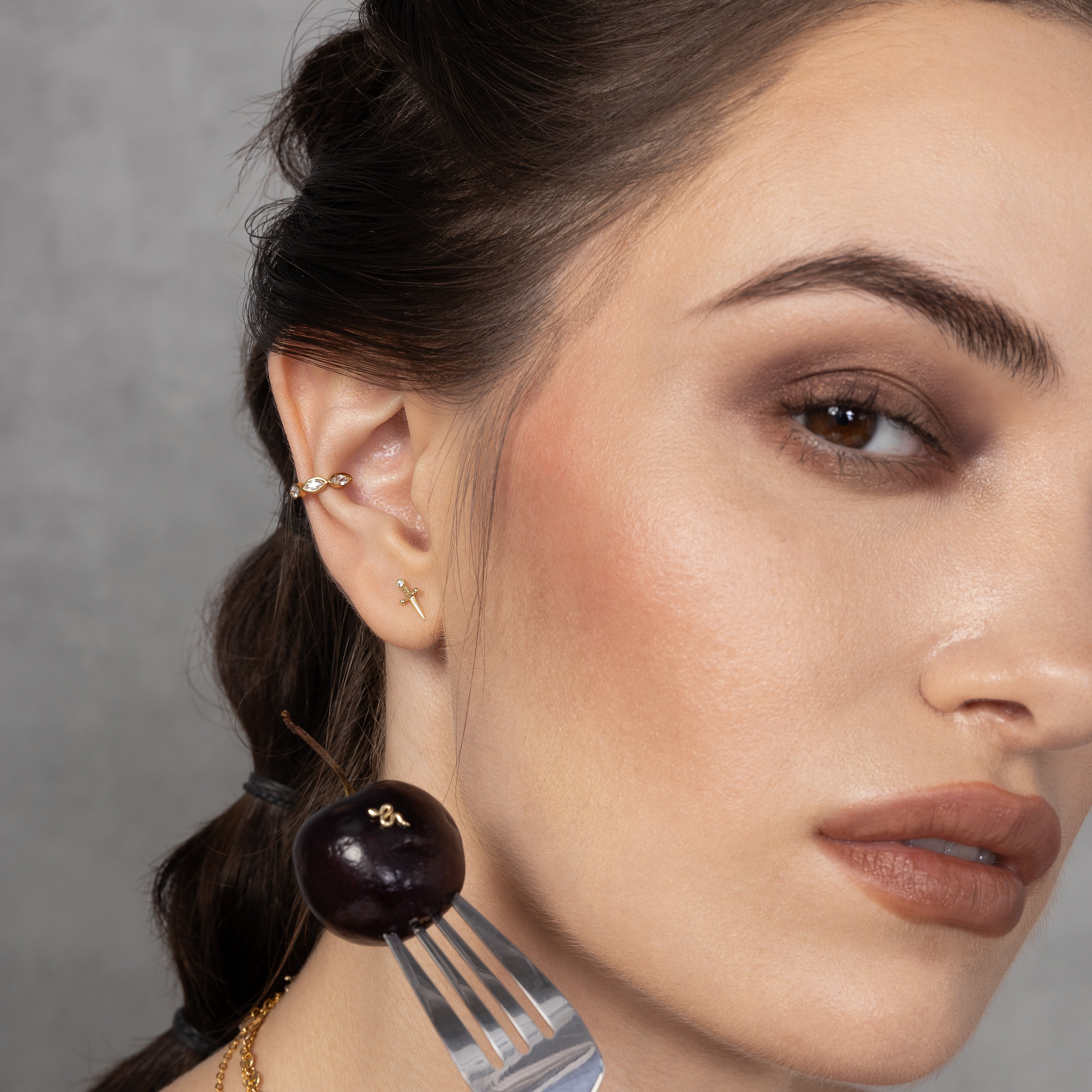 14K Solid Gold Sword CZ Flatback Earring