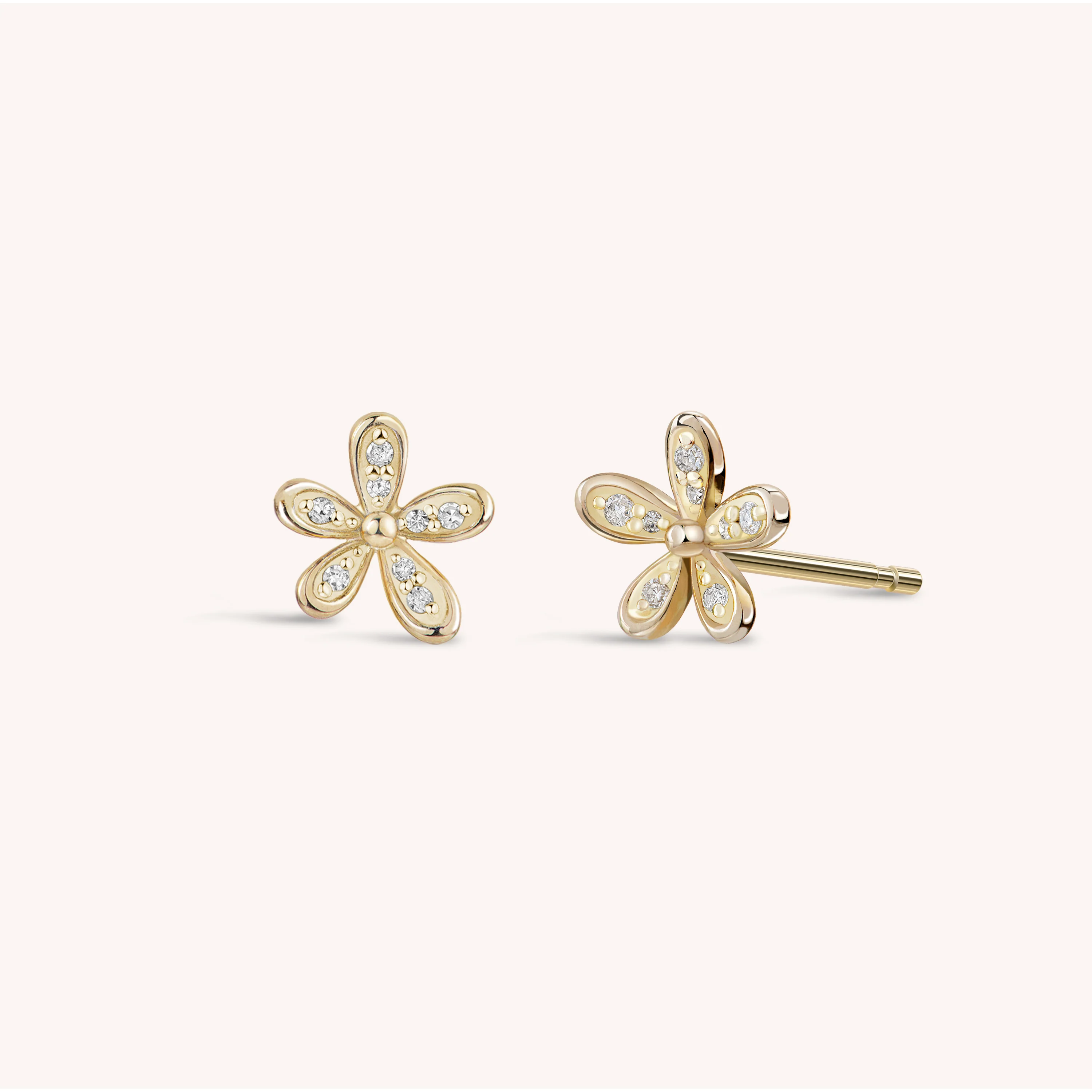 14K Solid Gold Floraison Pavé Diamond Stud Earrings
