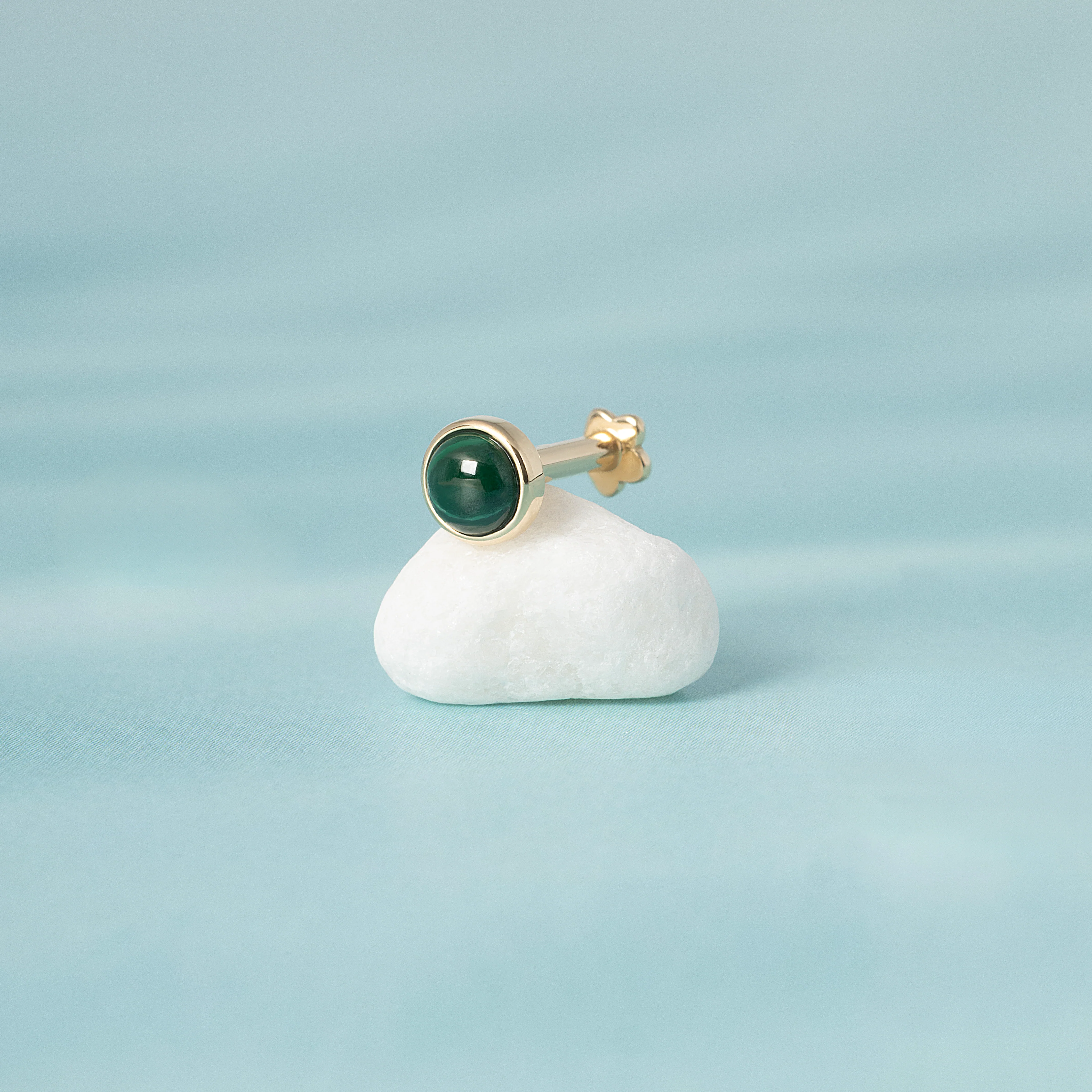 14K Solid Gold Mini Genuine Malachite Bezel Flatback Earring