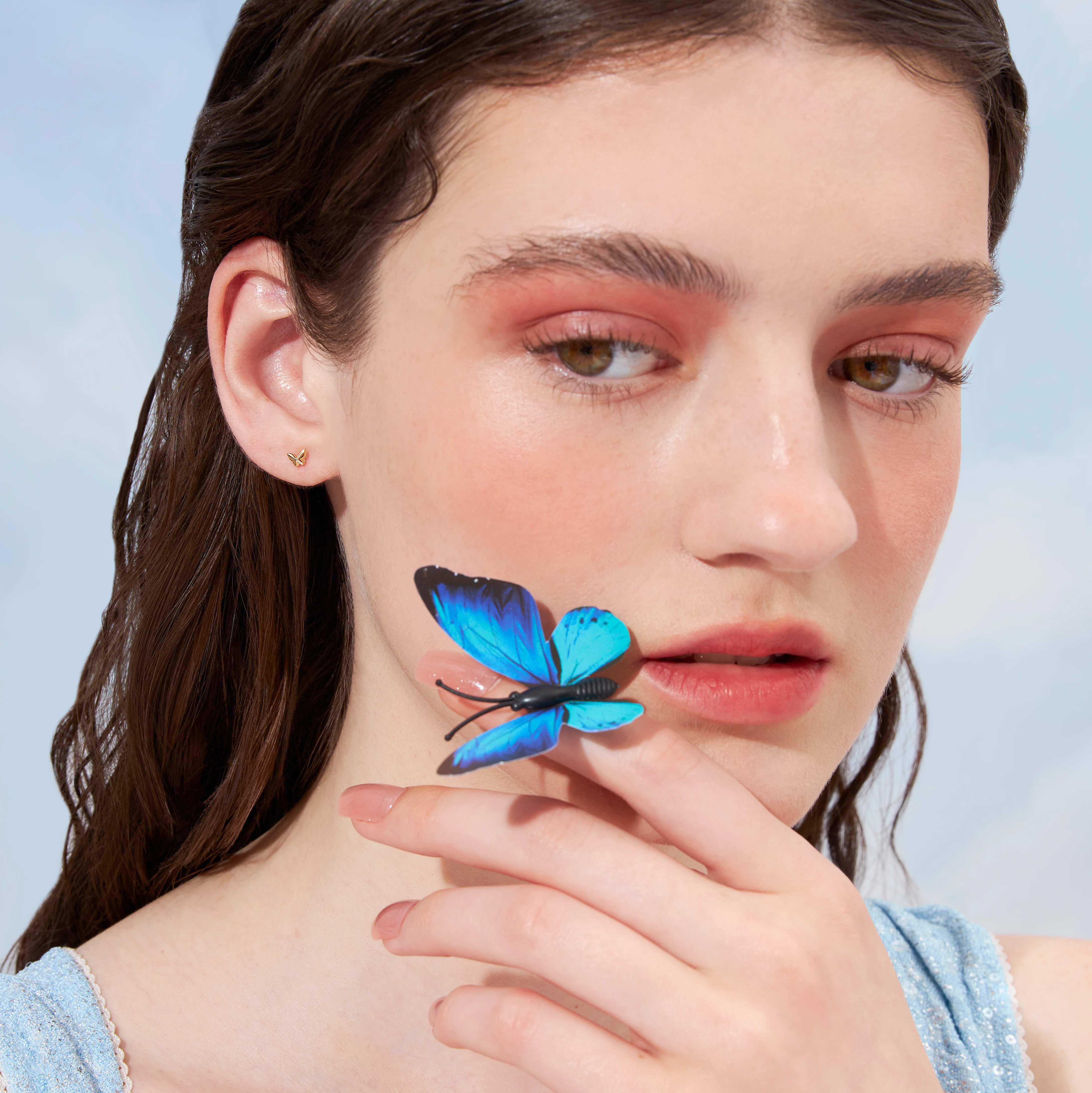 14K Solid Gold Butterfly Pyramid Flatback Earring