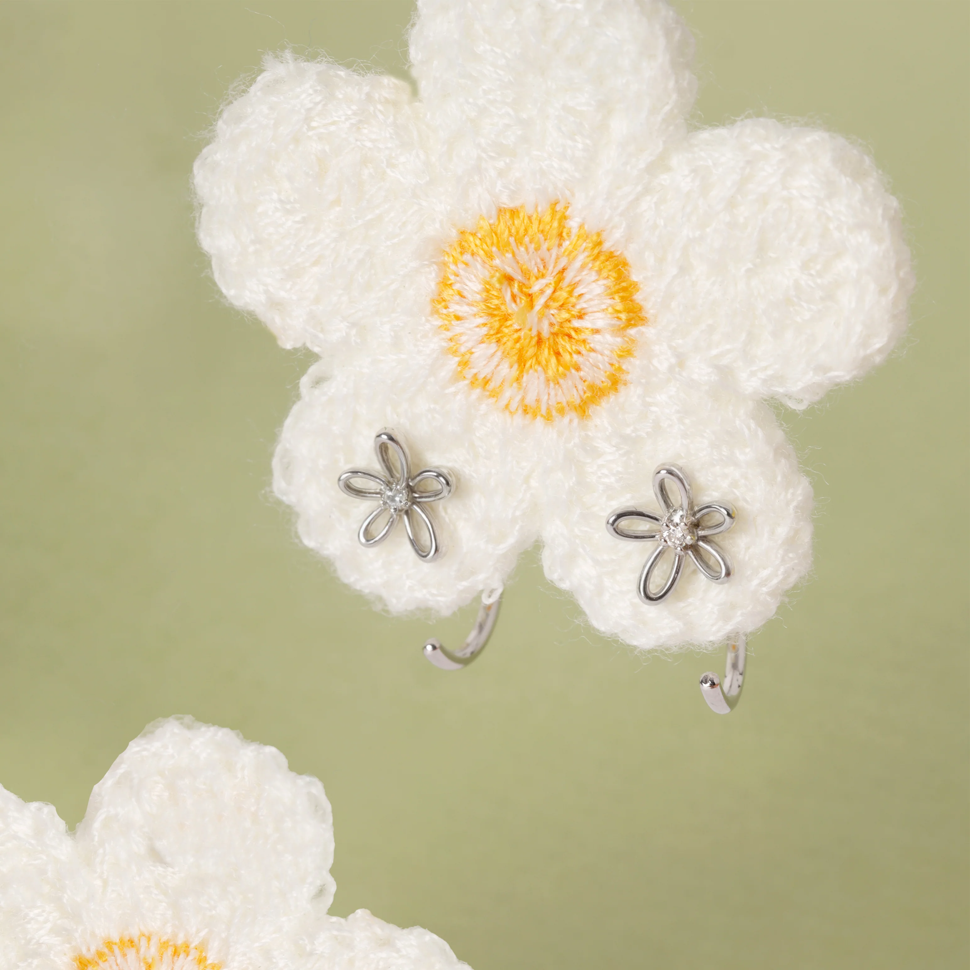 14K Solid Gold Floraison Halo Diamond Open Huggie Earrings