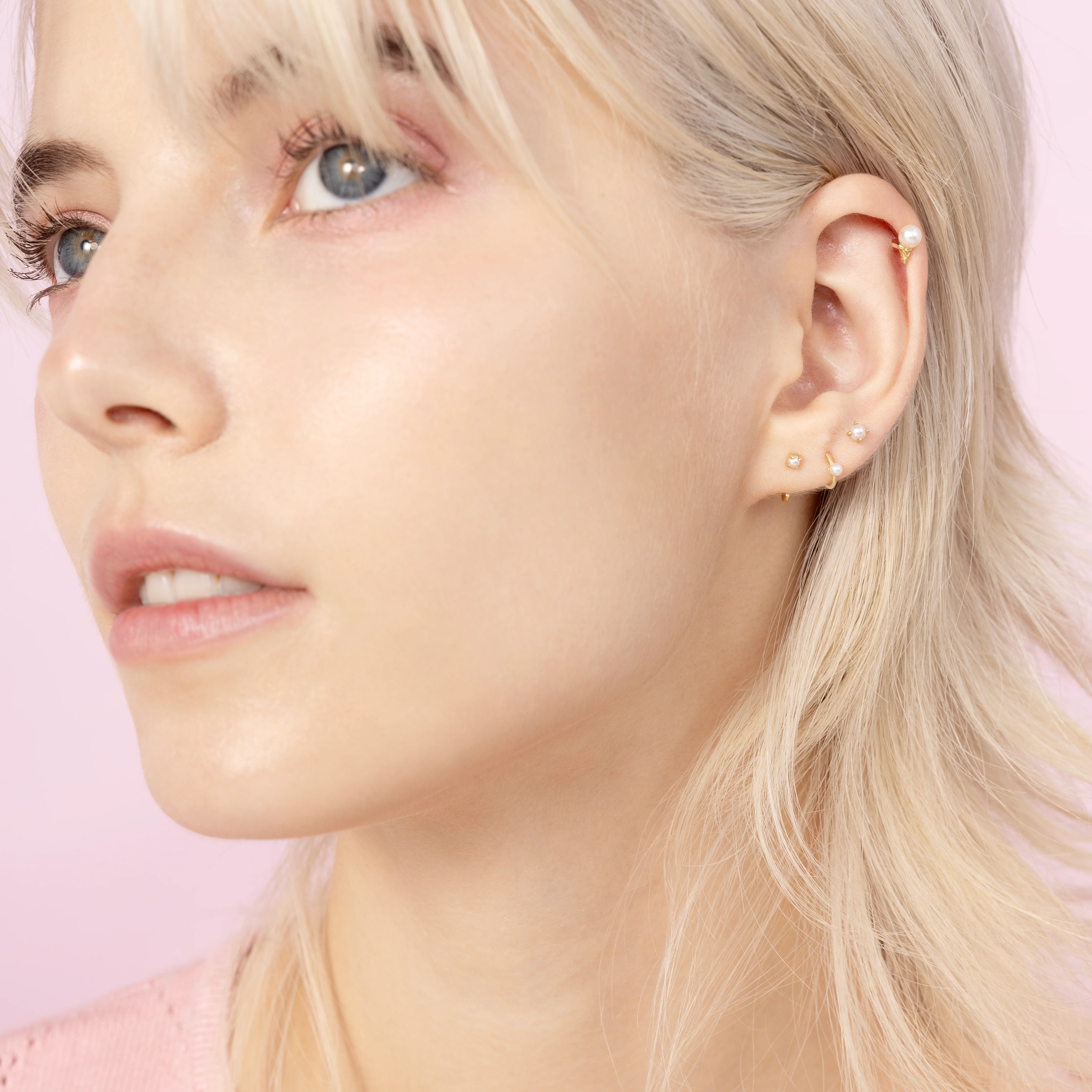 14K Solid Gold Mini Pearl Clicker Hoop 5mm