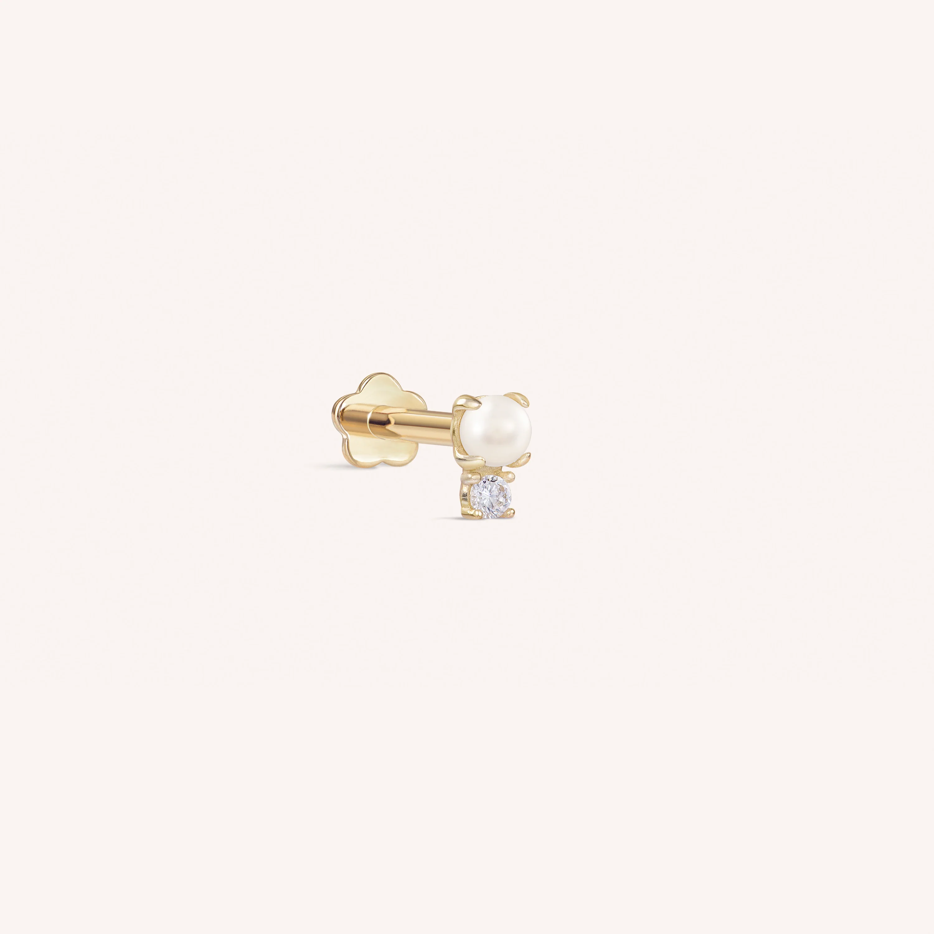14K Solid Gold Pearl Cubic Flatback Earring
