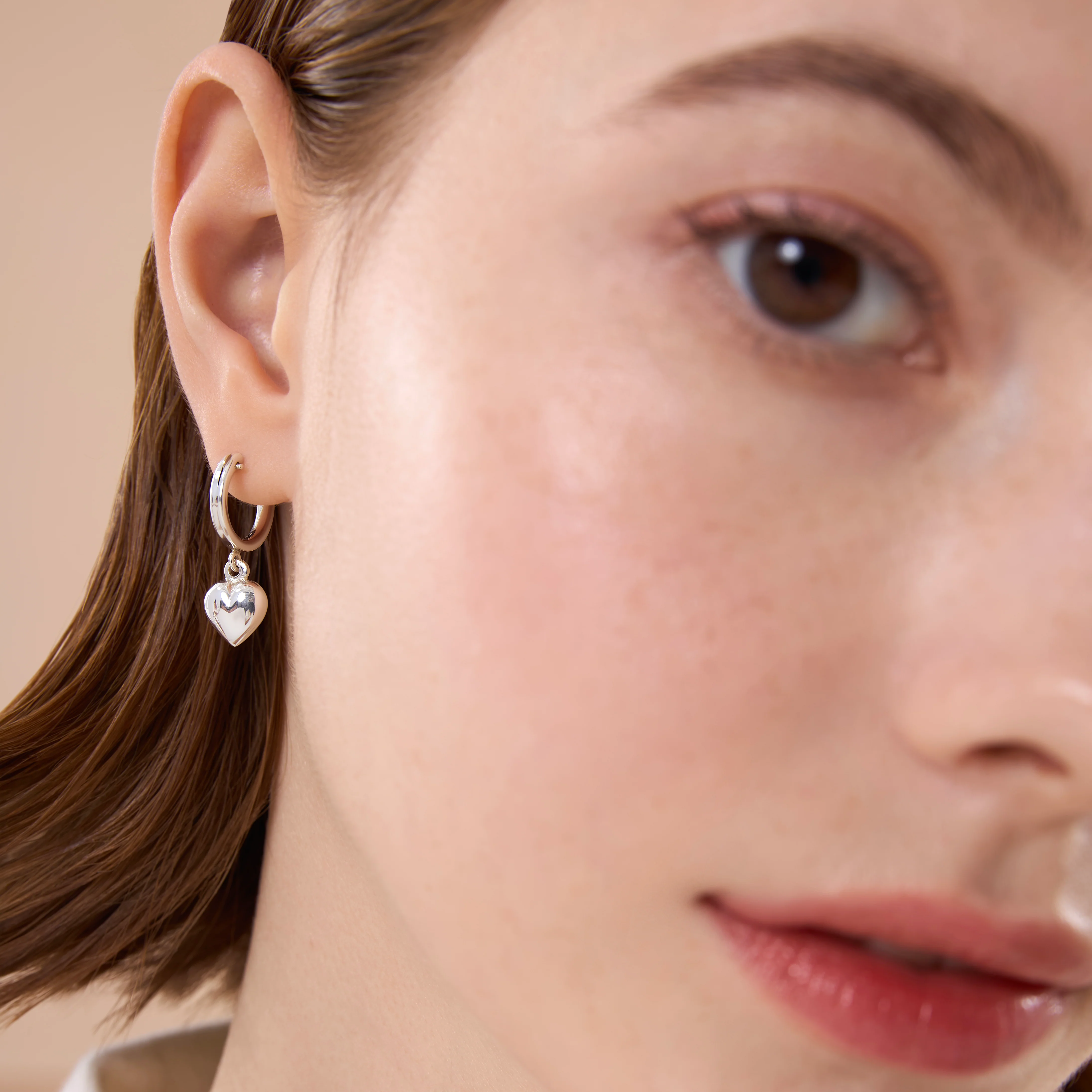 Silver Puff Heart Modern Round Hoop Earrings