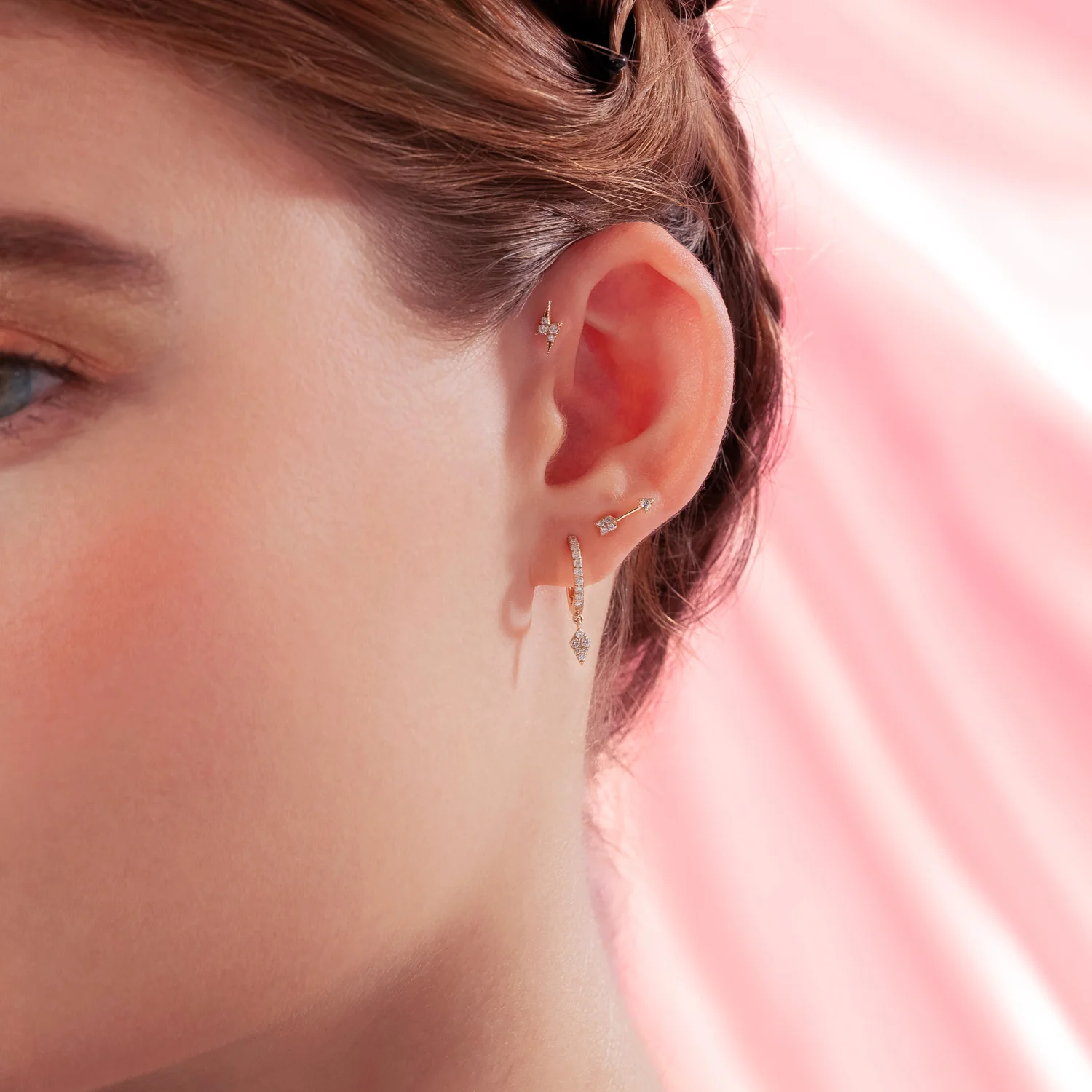 14K Solid Gold Jewel Thunderbolt Flatback Earring